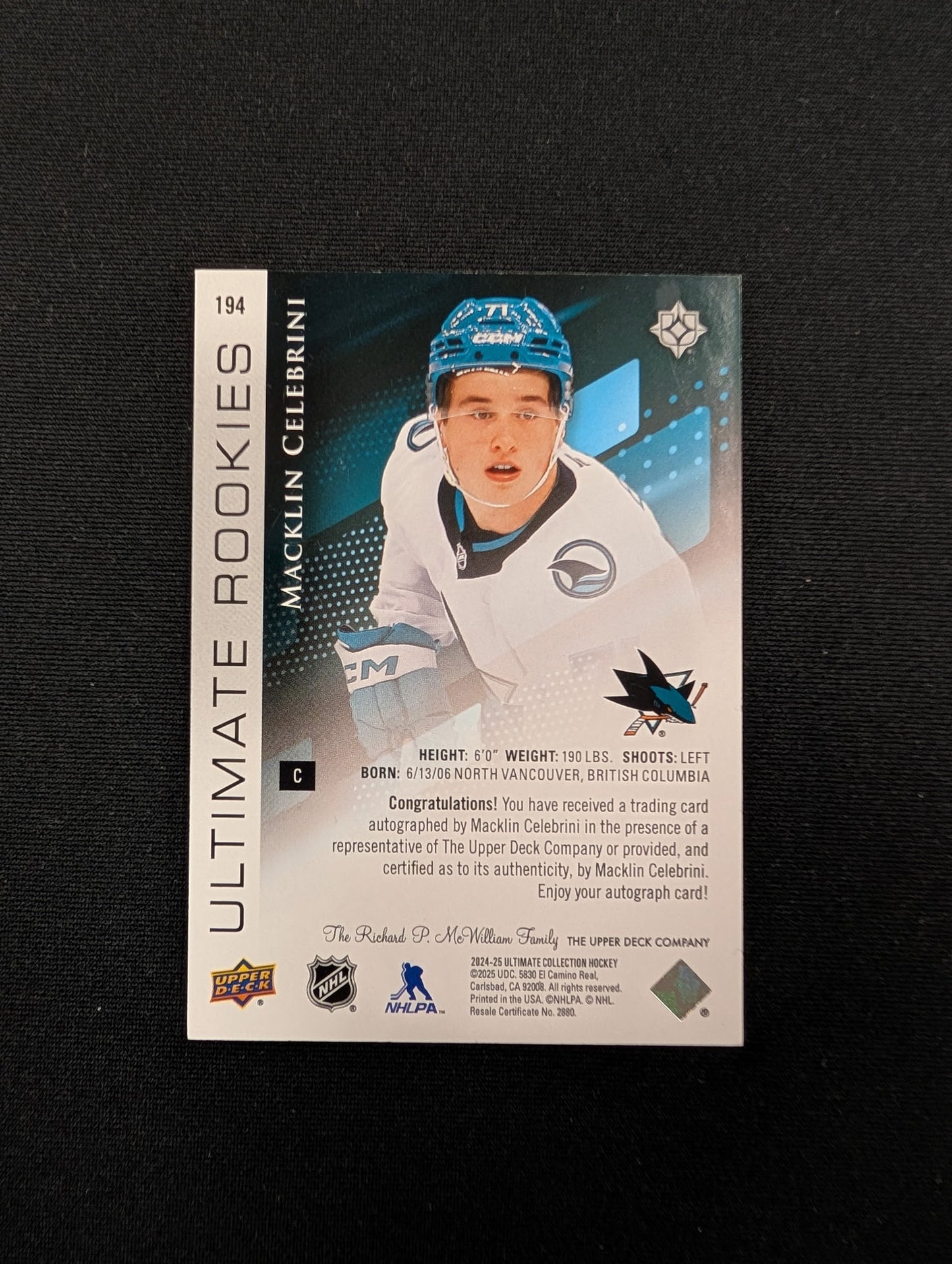 Macklin Celebrini #194 Ultimate Rookies - 03/99