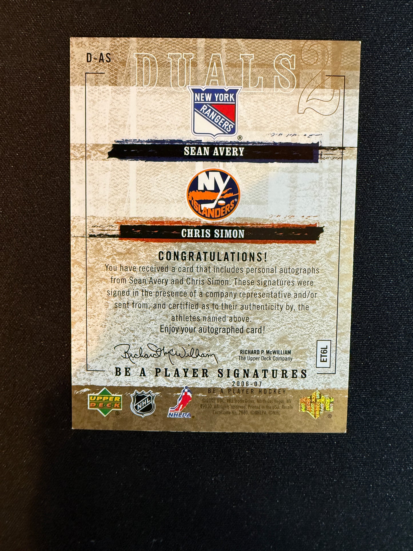 Sean Avery / Chris Simon #D-AS Be a Player Signatures