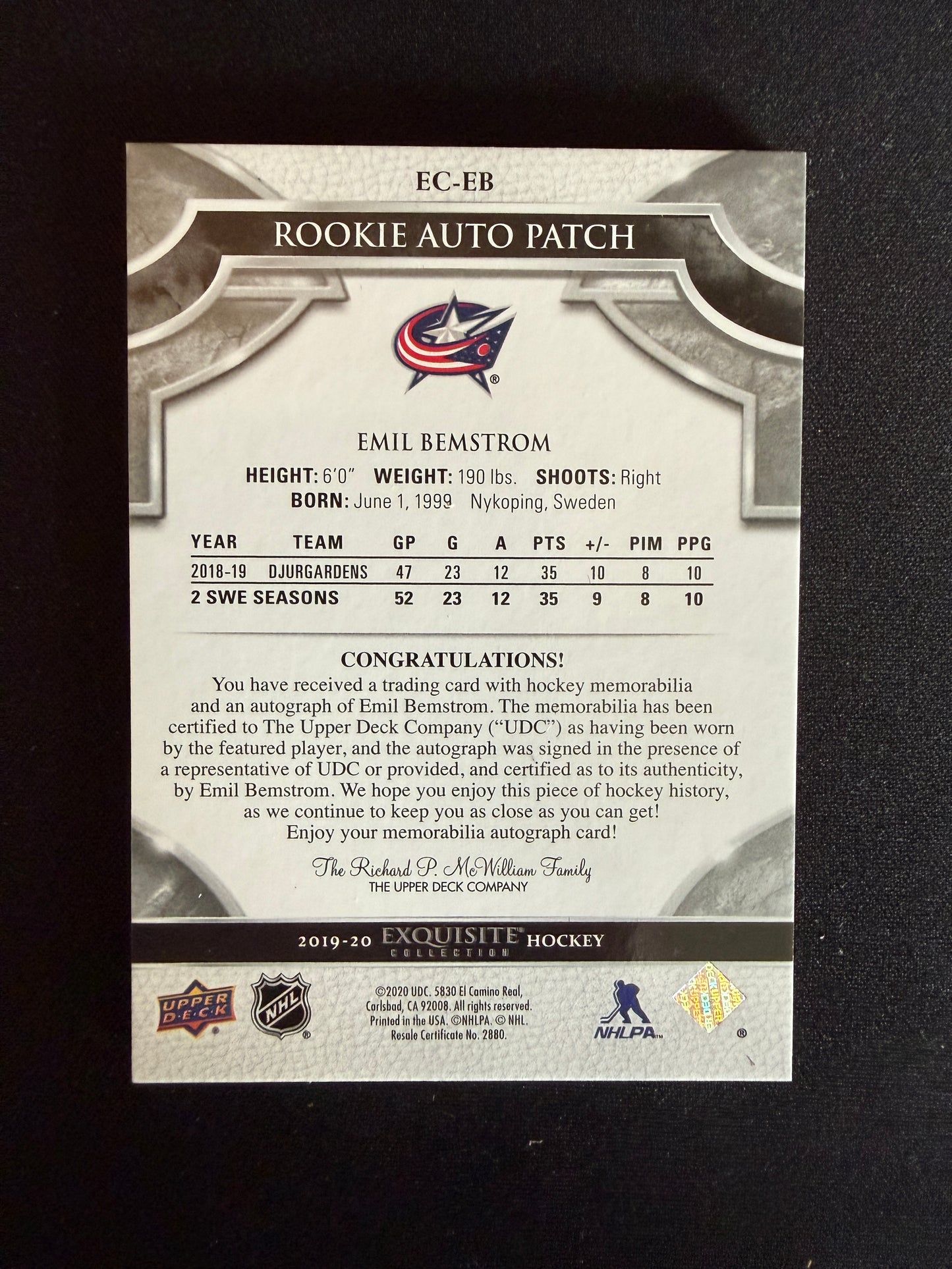 Emil Bemstrom 19-20 Exquisite Collections Hockey Rookie Auto Patch 49/52