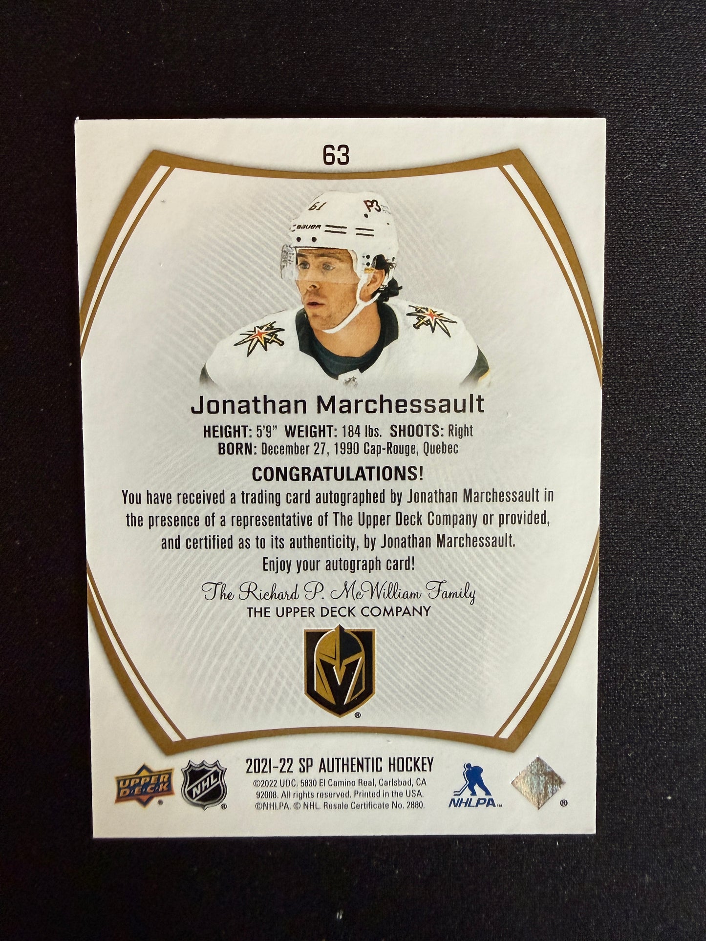 Jonathan Marchessault 21-22 SP Authentic Limited