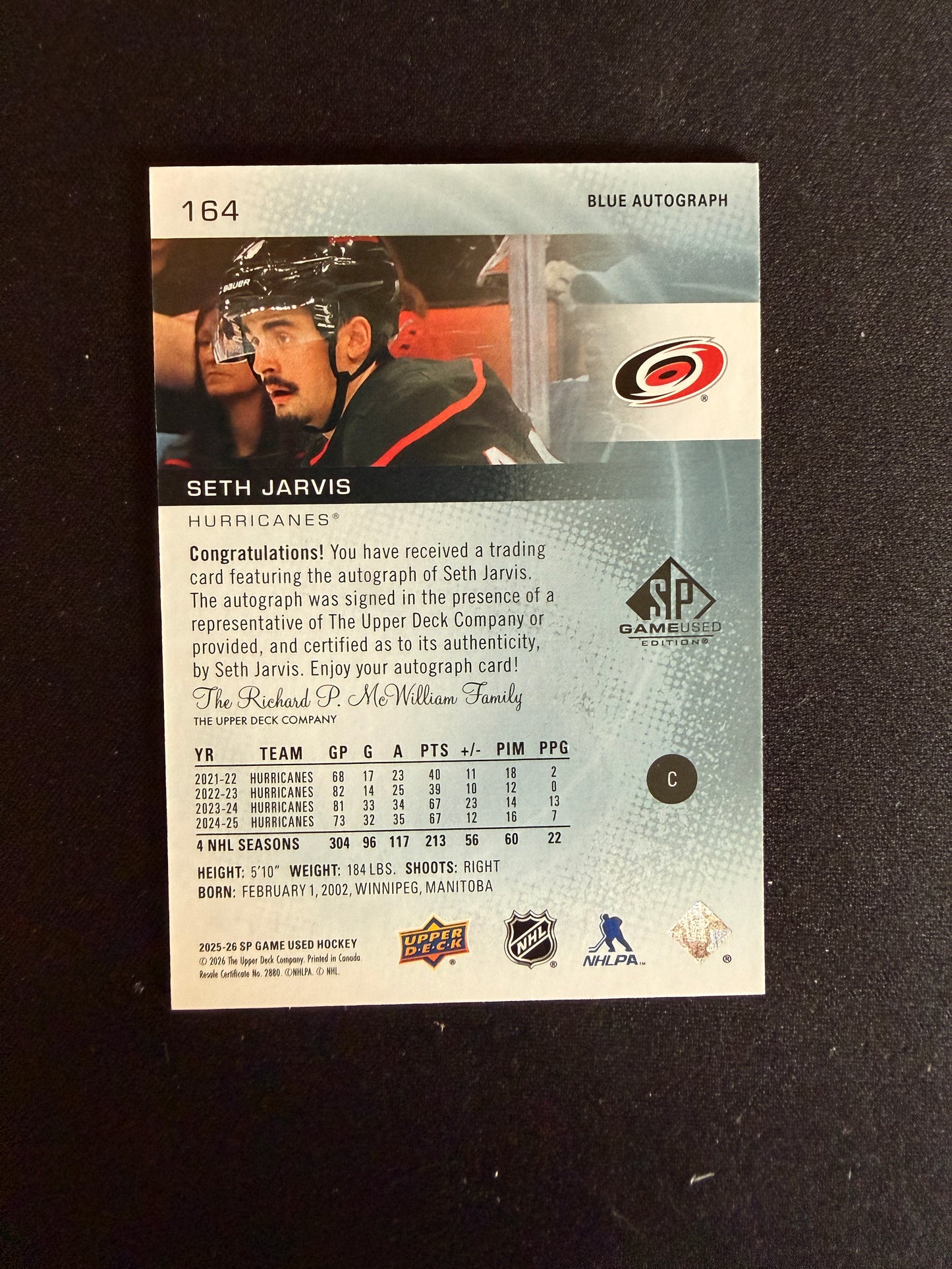Seth Jarvis 25-26 SP Game Used Blue Autograph