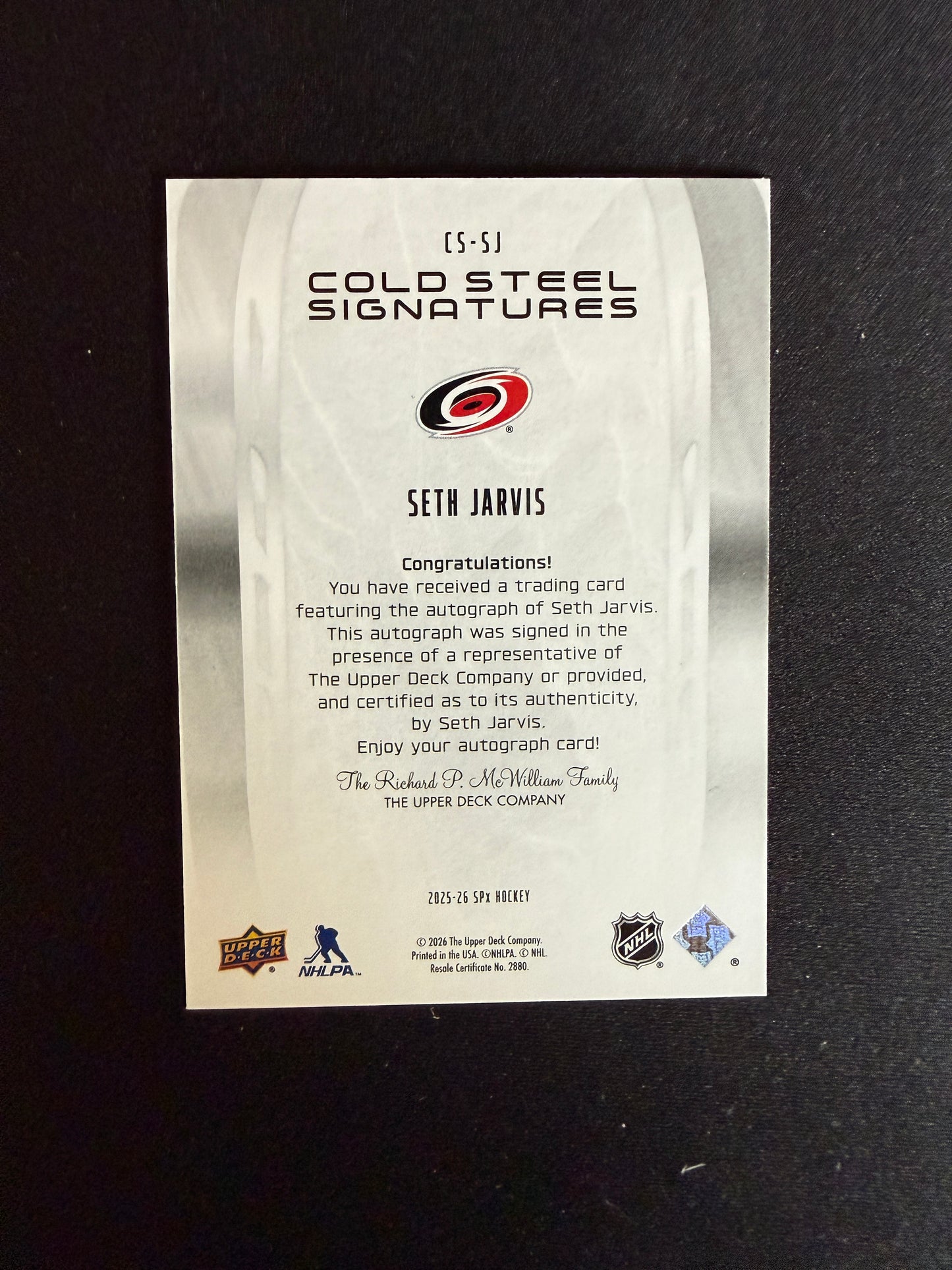Seth Jarvis 25-26 SPx Hockey Cold Steel Signatures