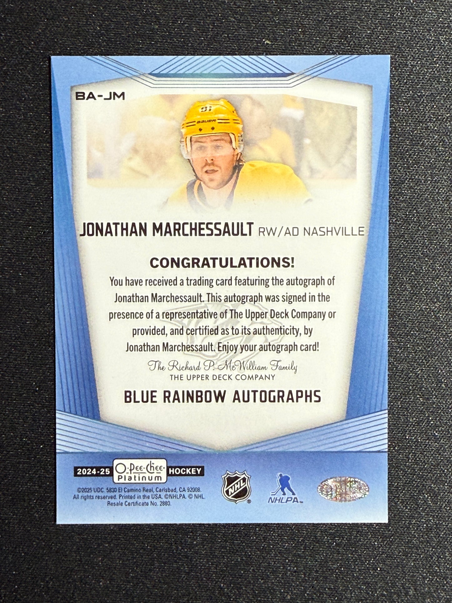 Jonathan Marchessault #BA-JM Blue Rainbow Autographs