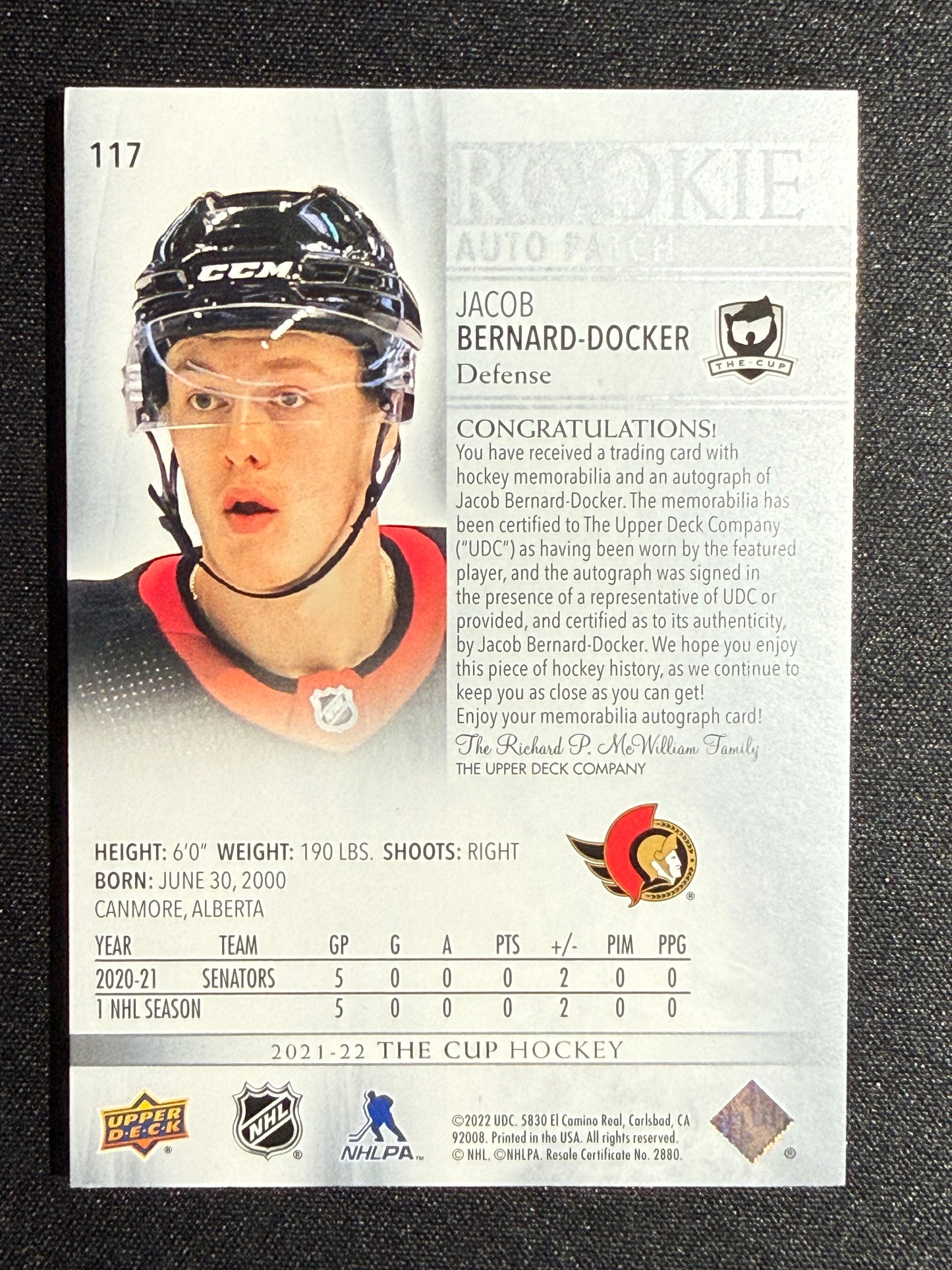 212/249 | Jacob Bernard-Docker #117 Rookie Auto Patch