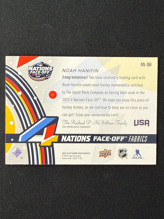 Noah Hanifin 4 Nations Face Off Fabrics 25-26 SP Game Used Hockey 4H-NH