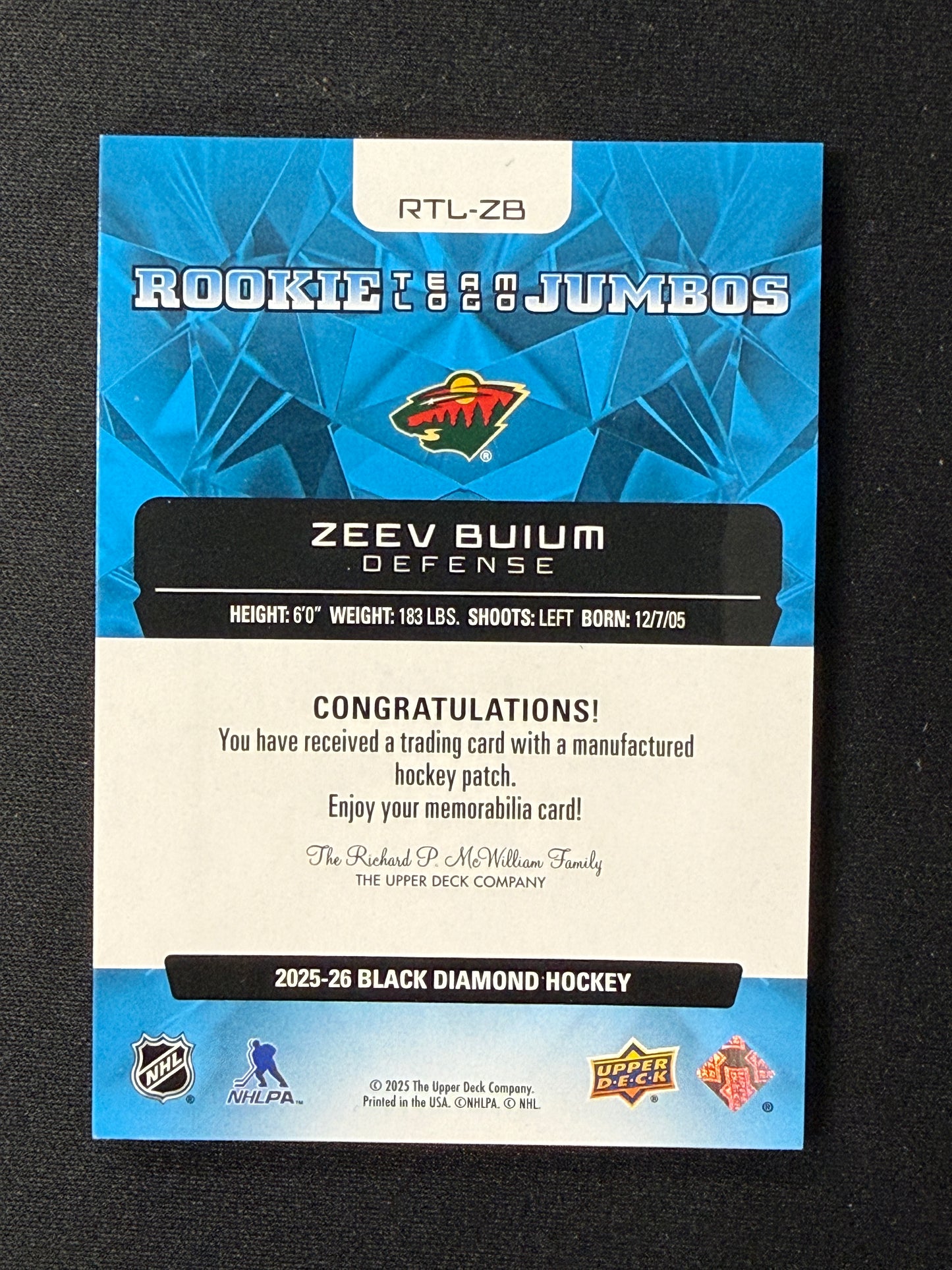 Zeev Buium #RTL-ZB Rookie JUMBOS Team Logo