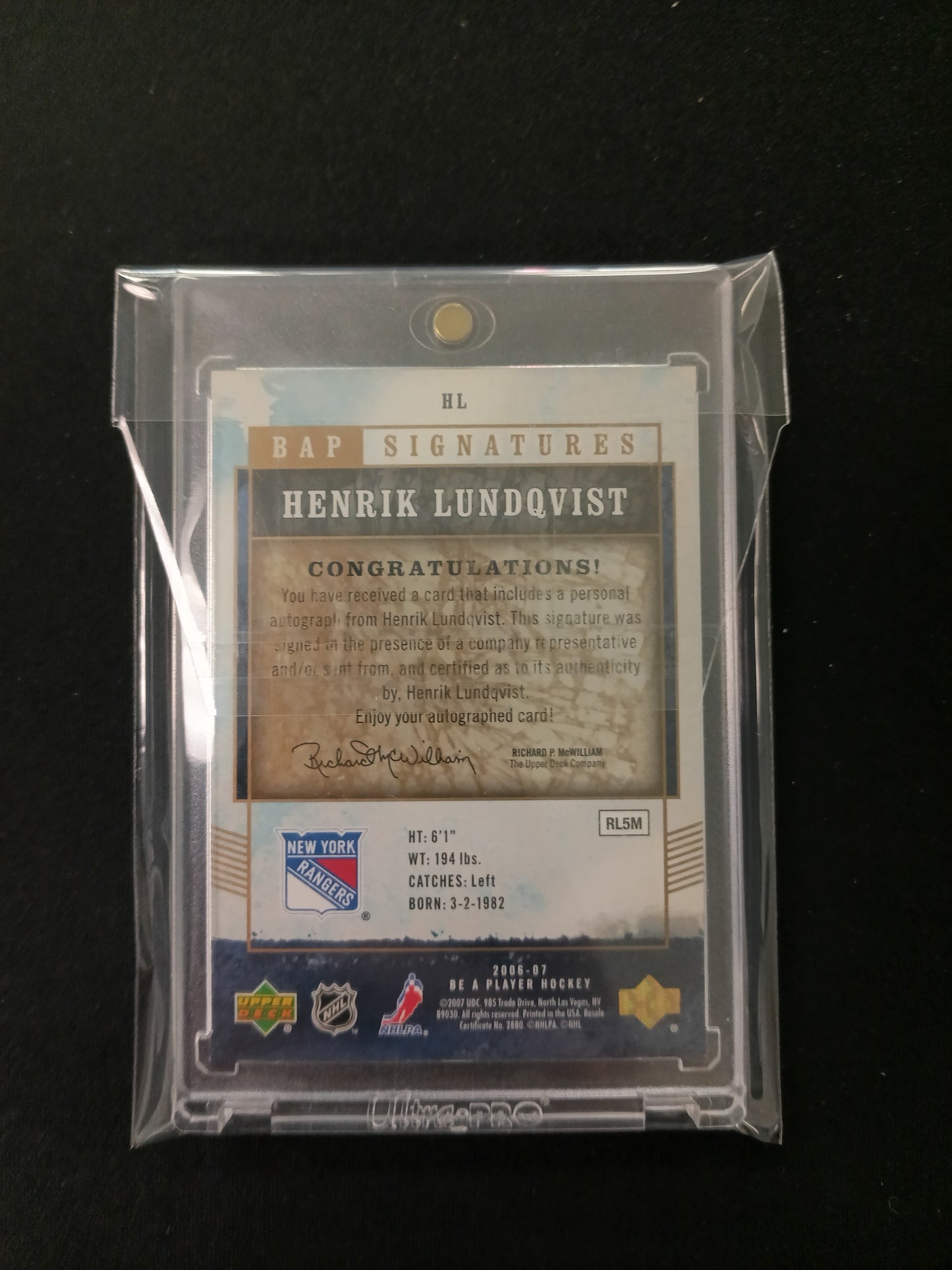 Henrik Lundqvist #HL BAP Signatures