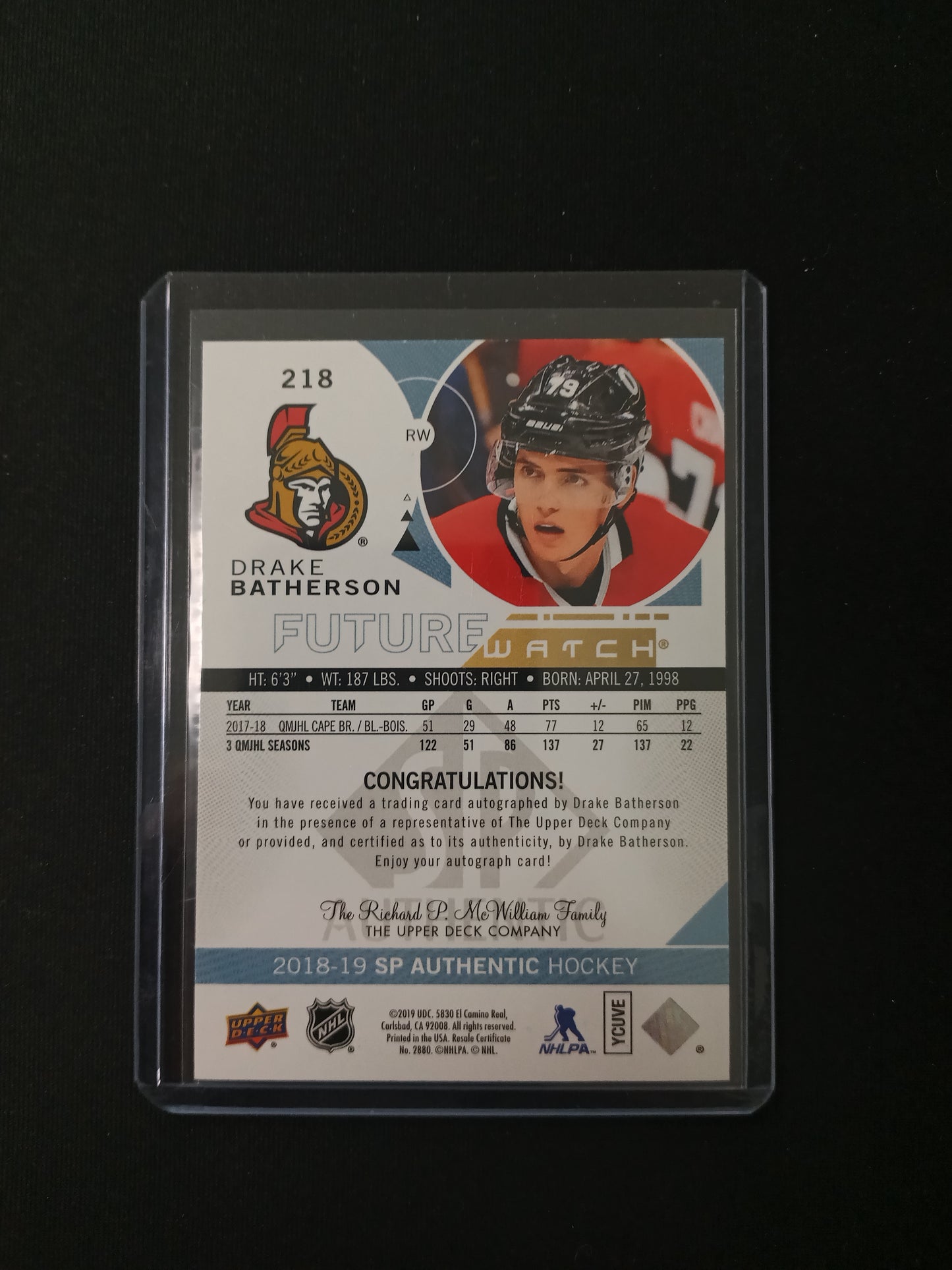 Drake Batherson #218 Future Watch Auto