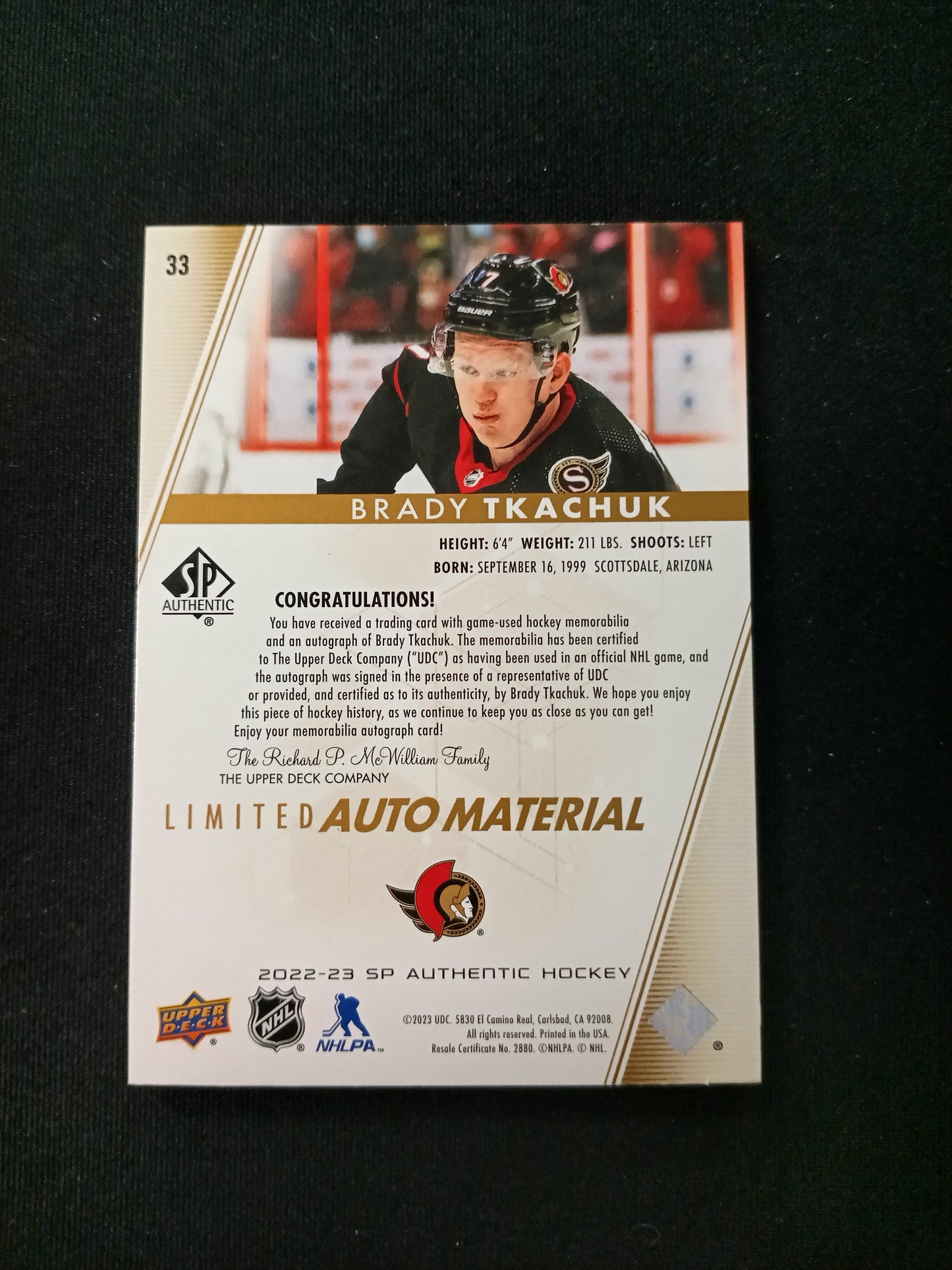 Brady Tkachuk #33 Limited Auto Material