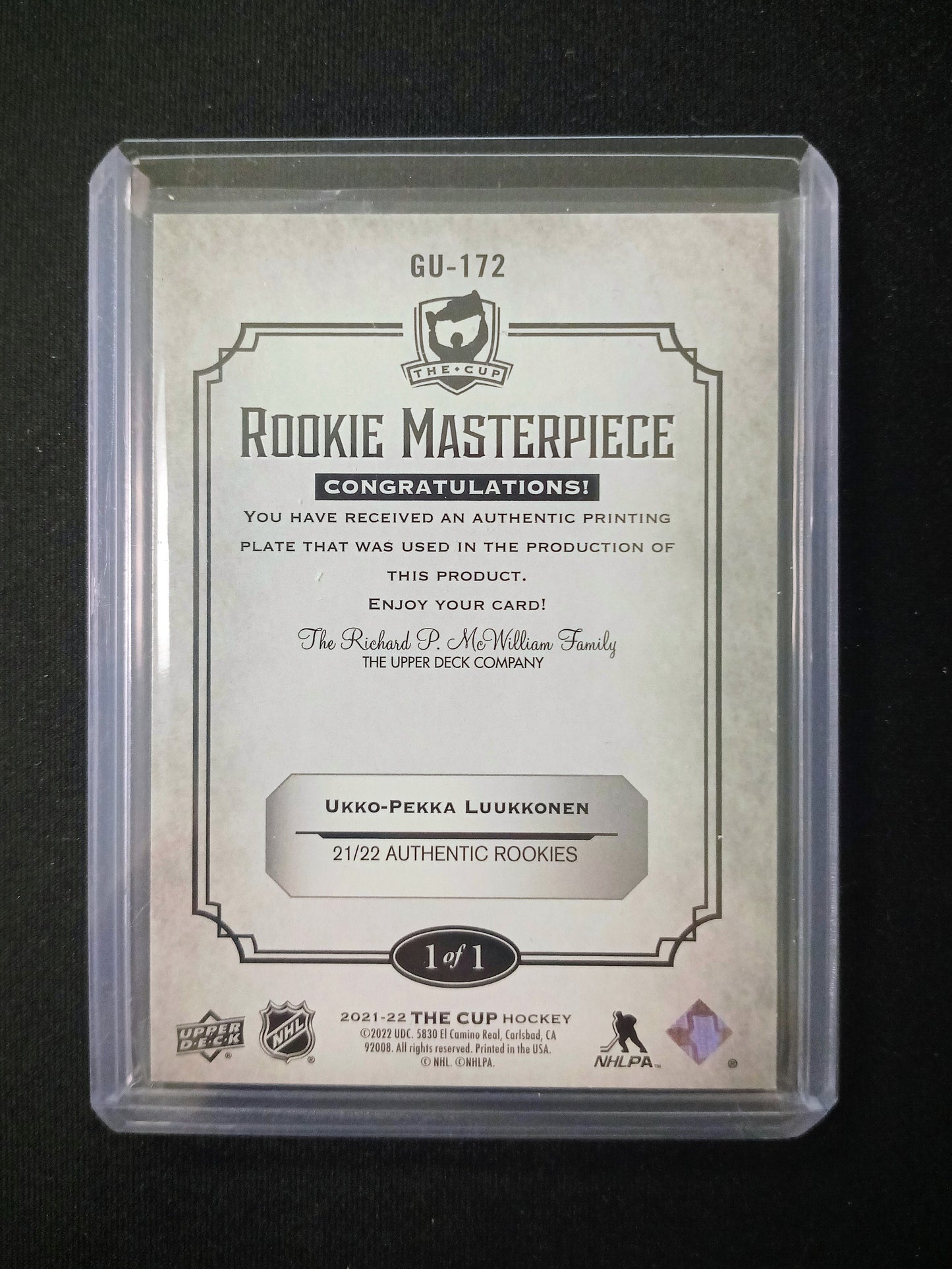 Ukko-Pekka Luukkonen #GU-172 Rookie Masterpiece Cyan Printing Plate - 1/1