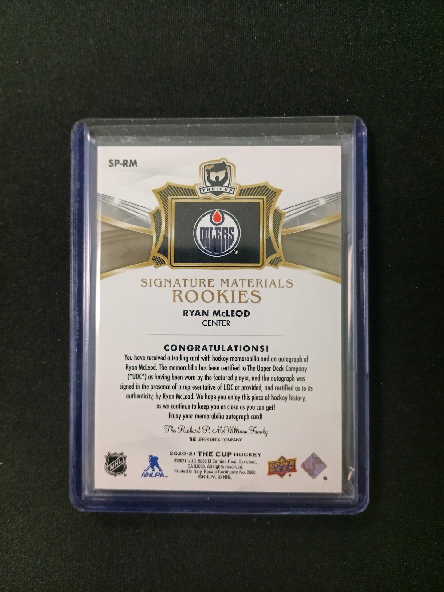 Ryan McLeod #SP-RM Rookie Signature Materials