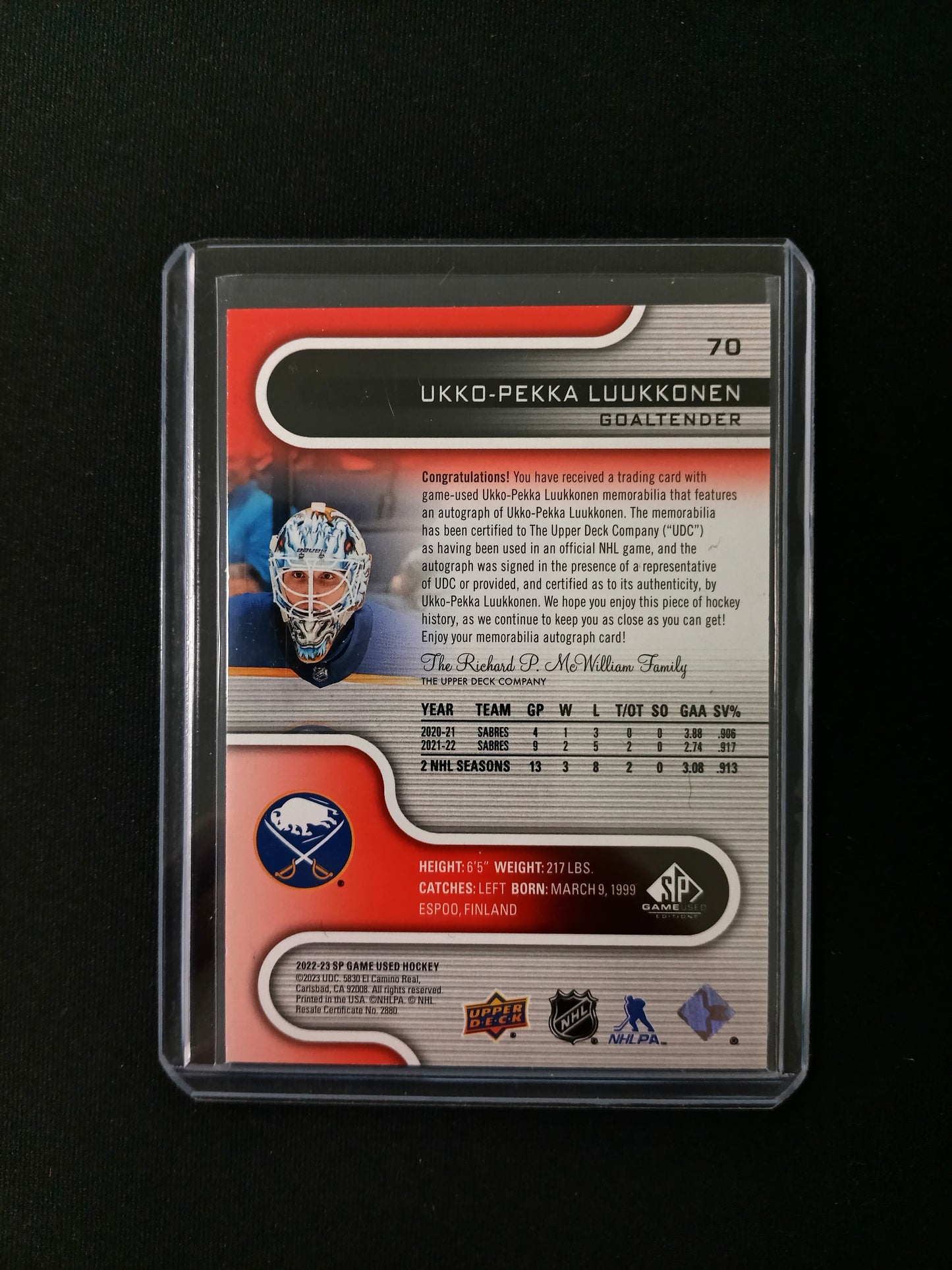 Ukko-Pekka Luukkonen #70 SP Game Used