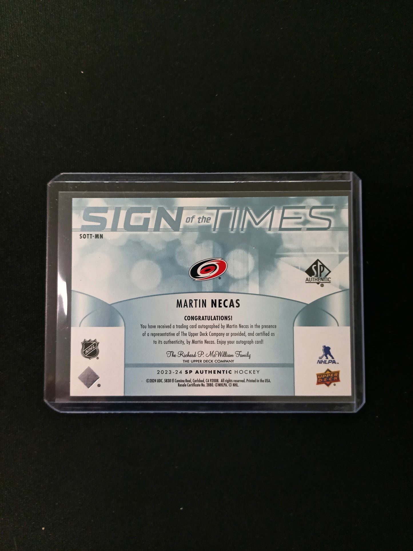 Martin Necas #SOTT-MN 2023-24 Sign of the Times Auto SP Authentic