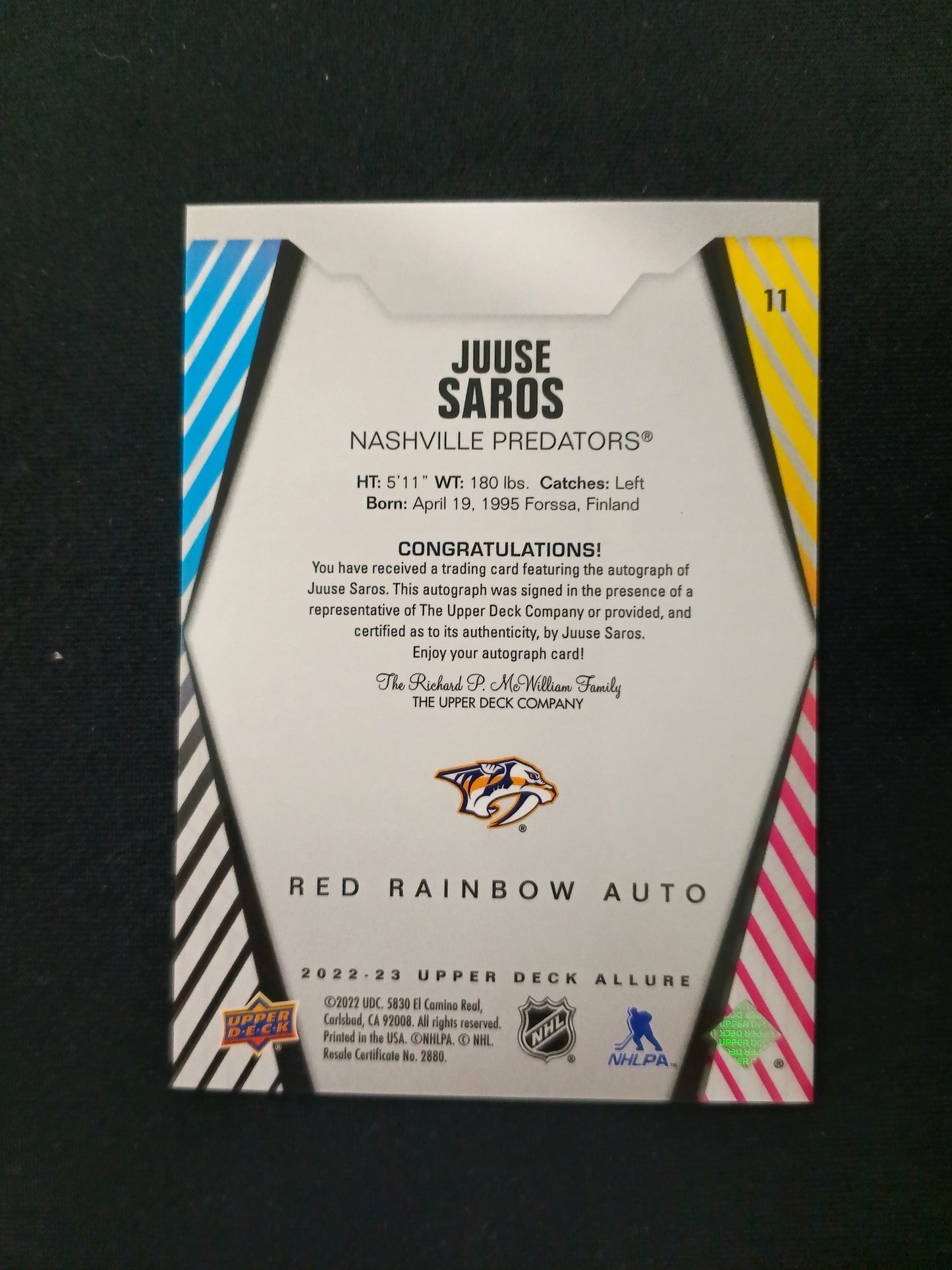 Juuse Saros #11 Red Rainbow Auto