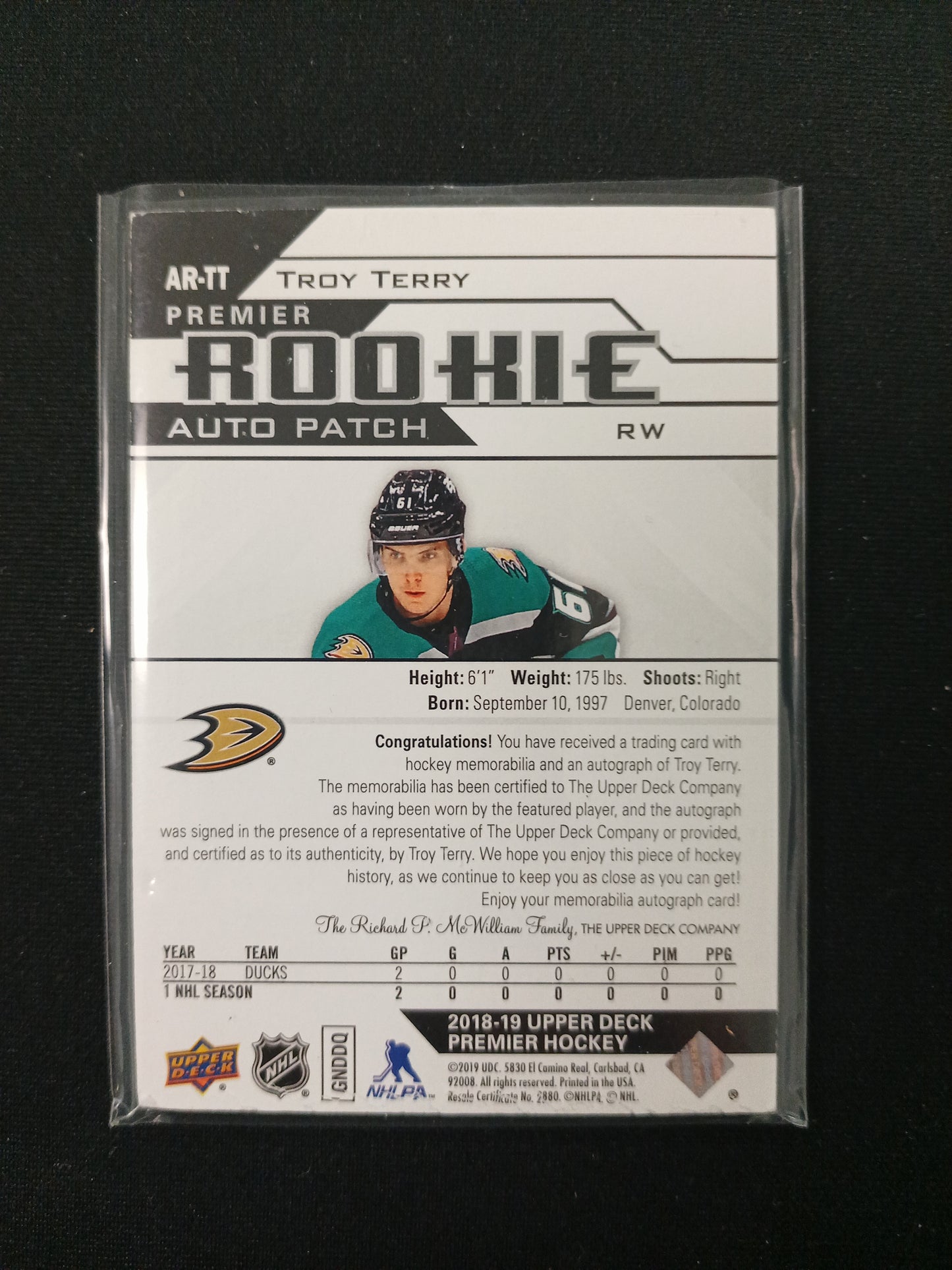 Troy Terry #AR-TT Premier Rookie Auto Patch