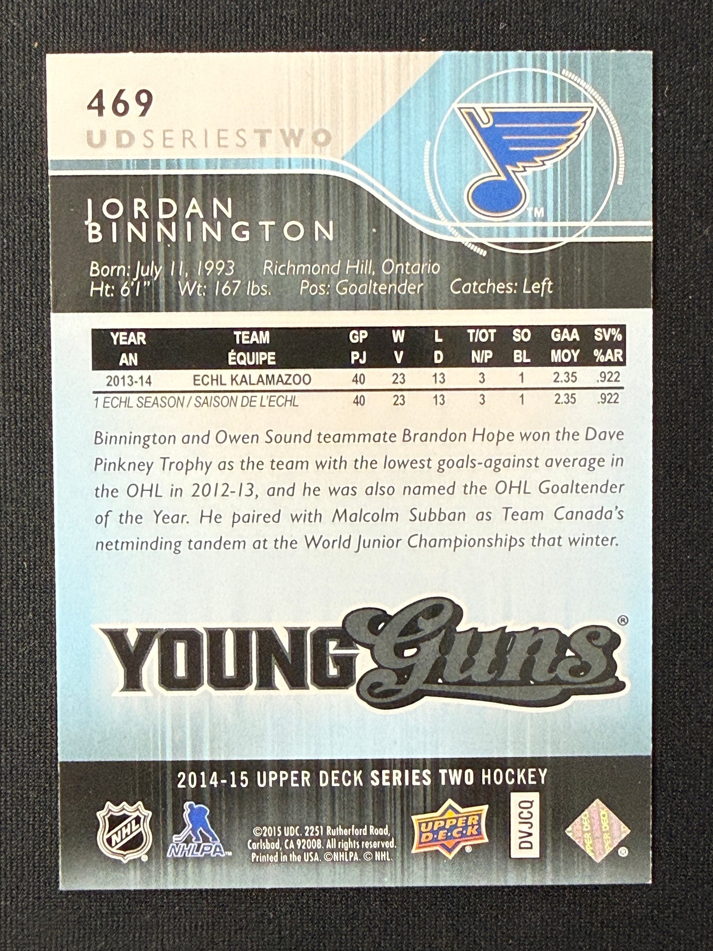 Jordan Binnington #469 Young Guns