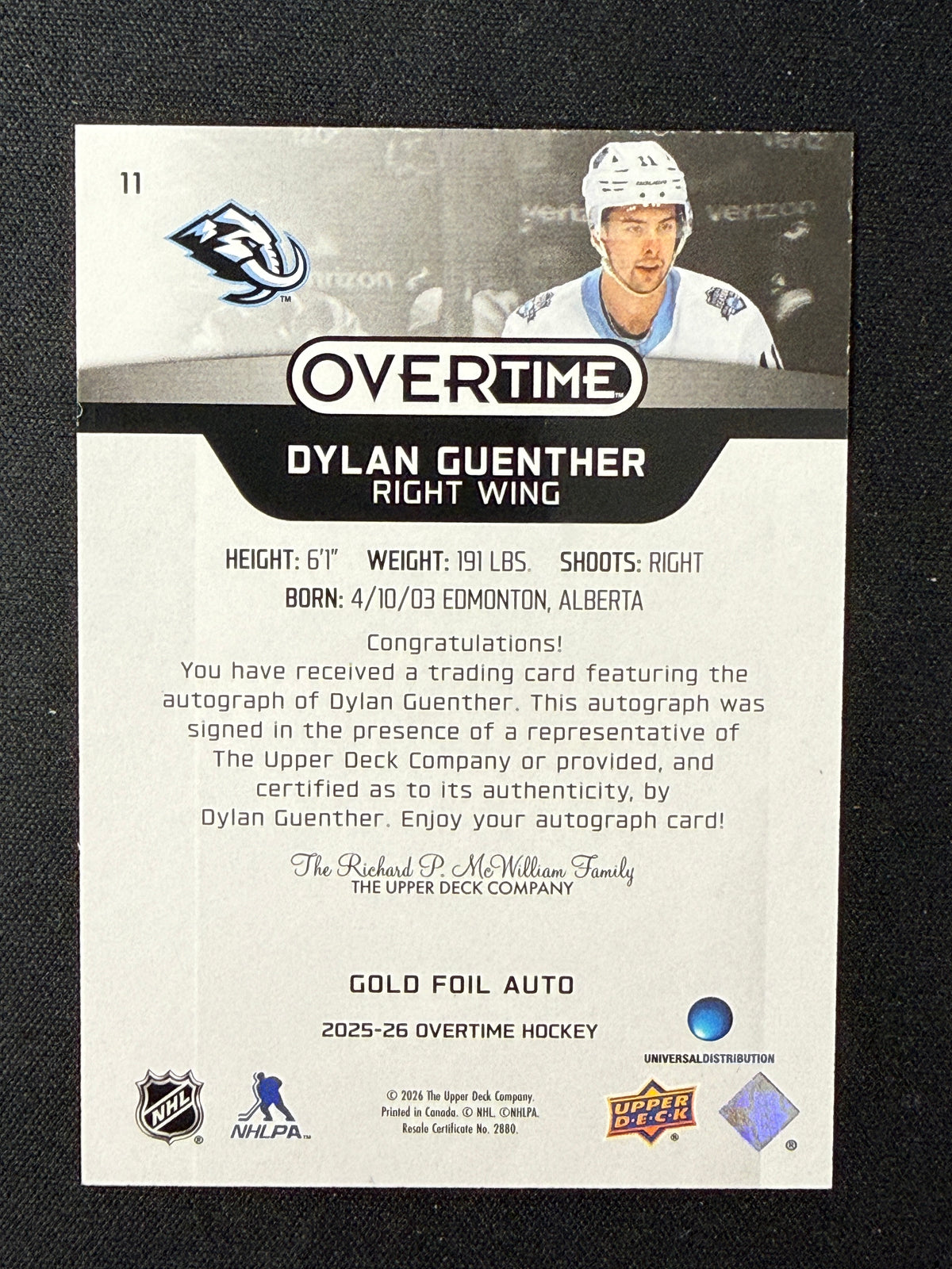 Dylan Guenther 25-26 Overtime Gold Foil Auto
