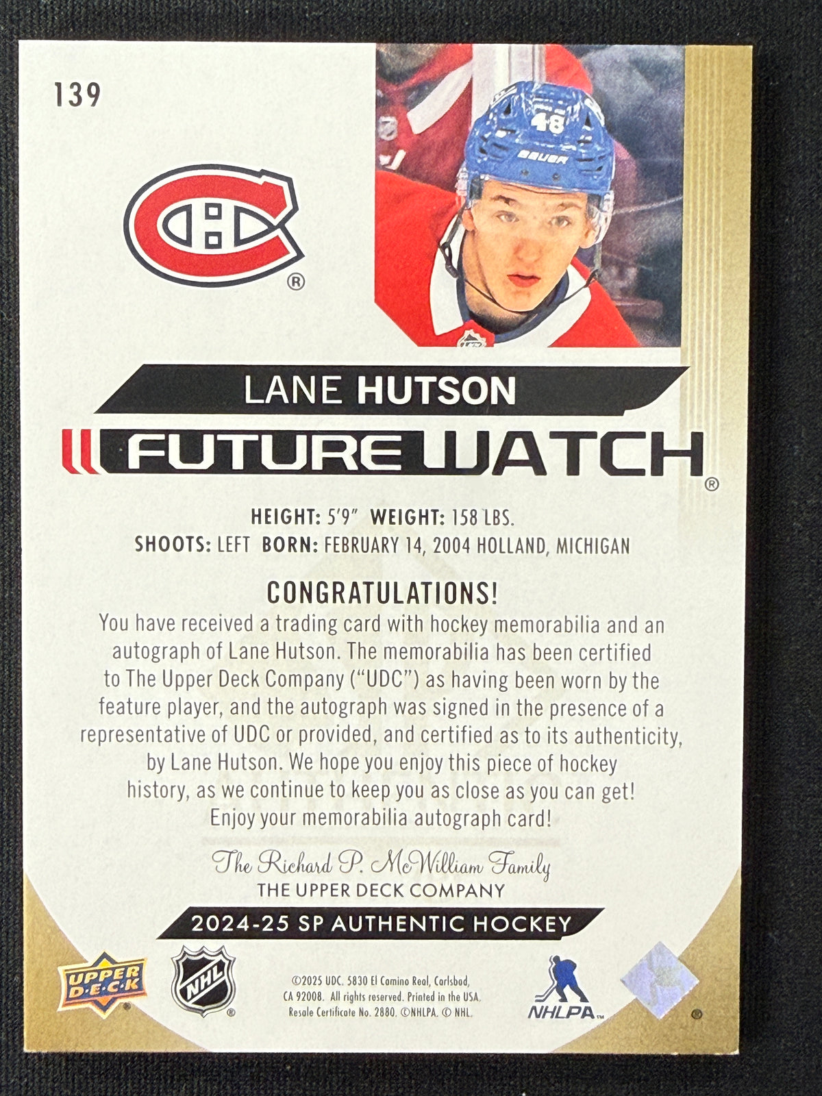 Lane Hutson #139 Future Watch Auto Patch | 090/100