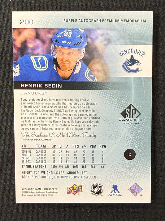 Henrik Sedin 25-26 SP Game Used 5/10