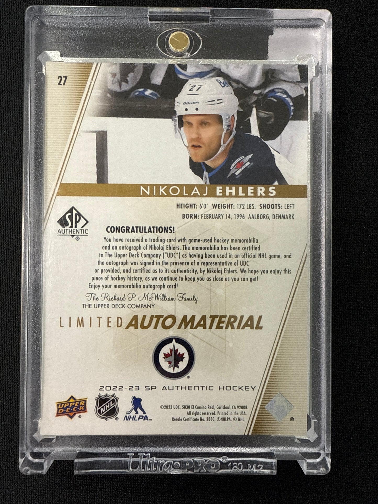 Nikolaj Ehlers #27 Limited Auto Material