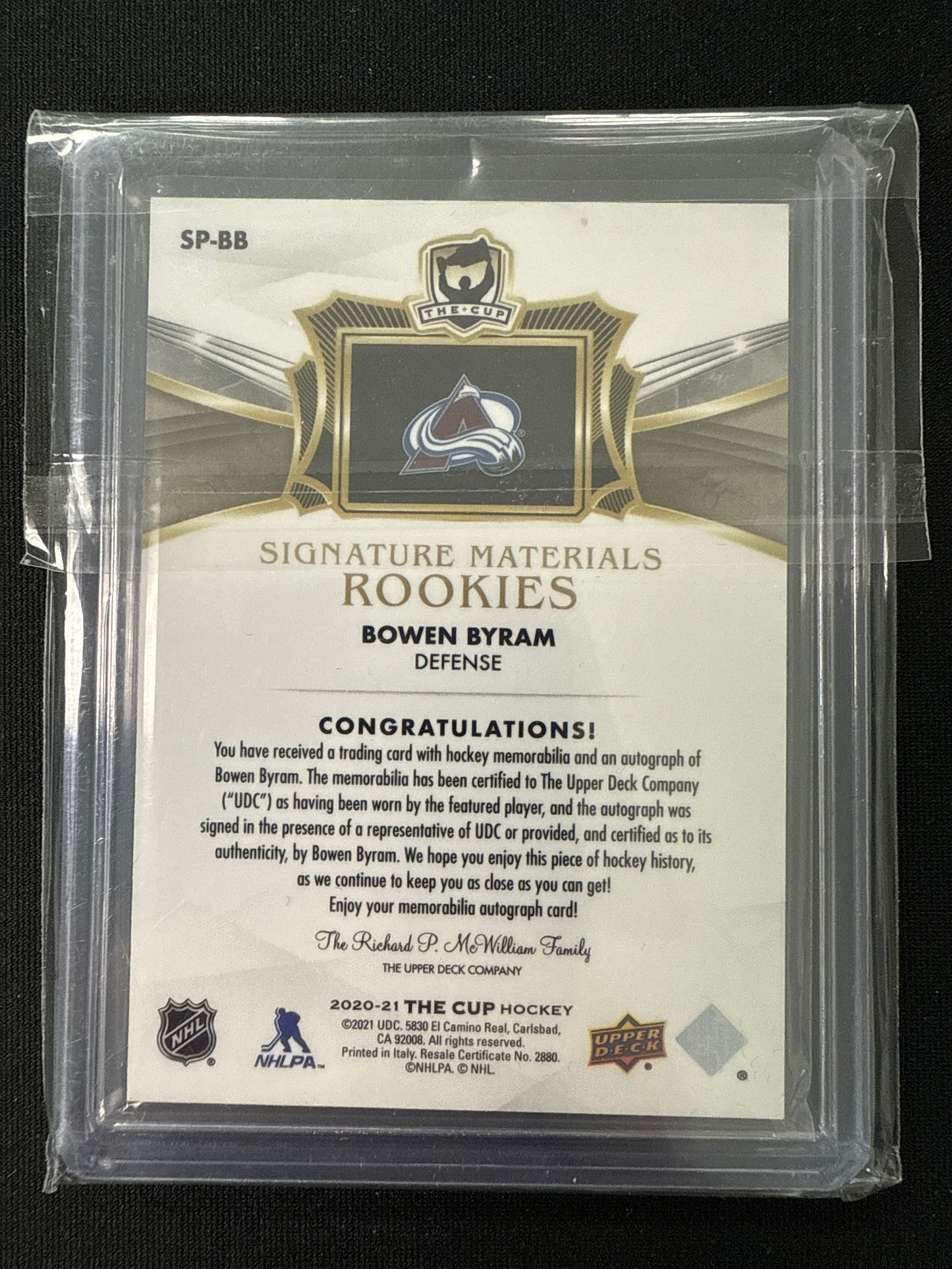 Bowen Byram #SP-BB Signature Materials Rookies