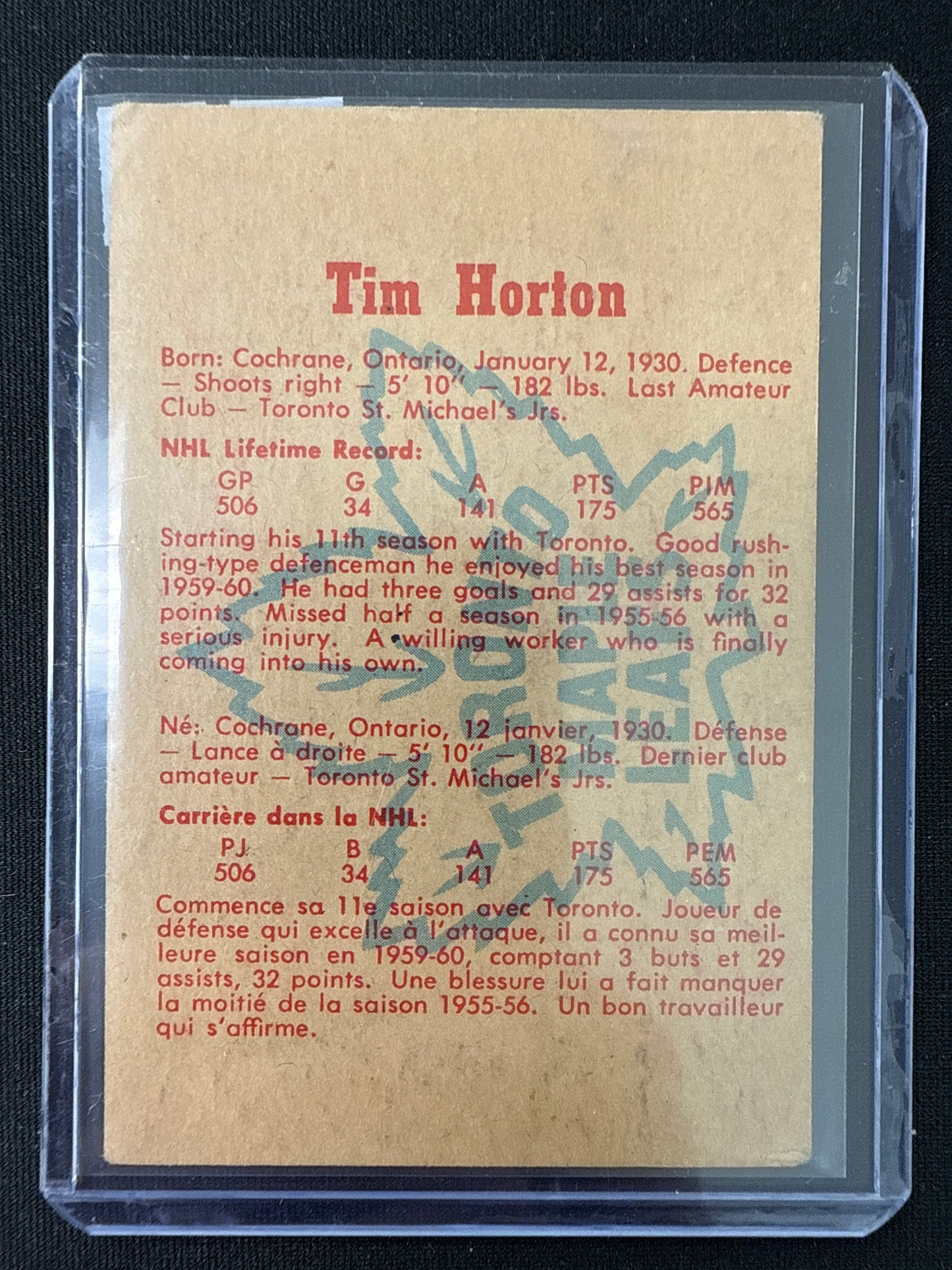 Tim Horton #1 1960-61 Parkhurst Hockey