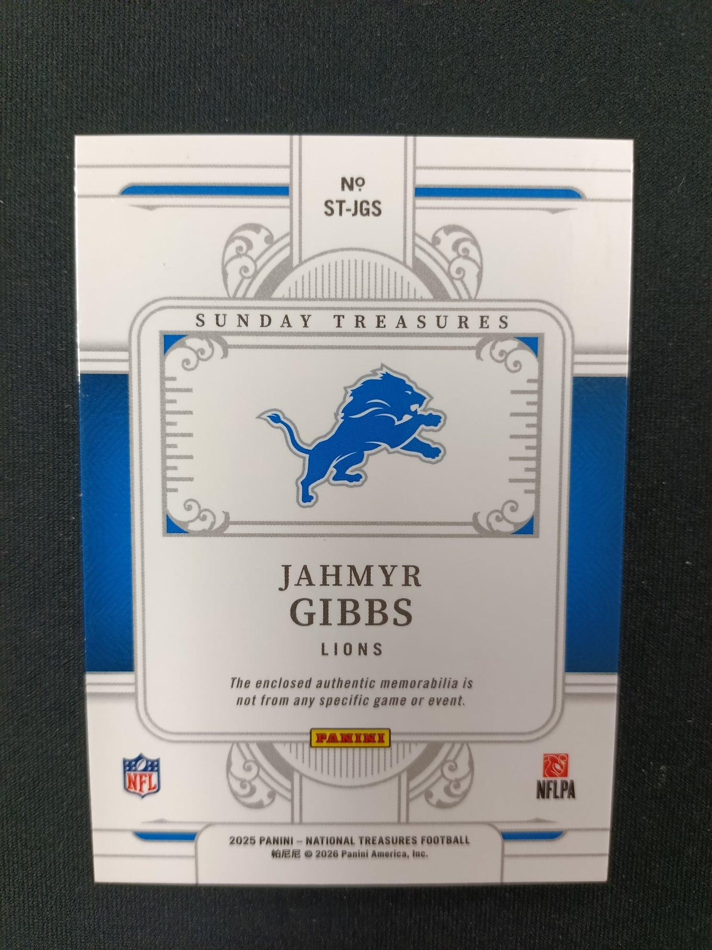 7/25 | Jahmyr Gibbs #ST-JGS Sunday Treasures Dual Patch