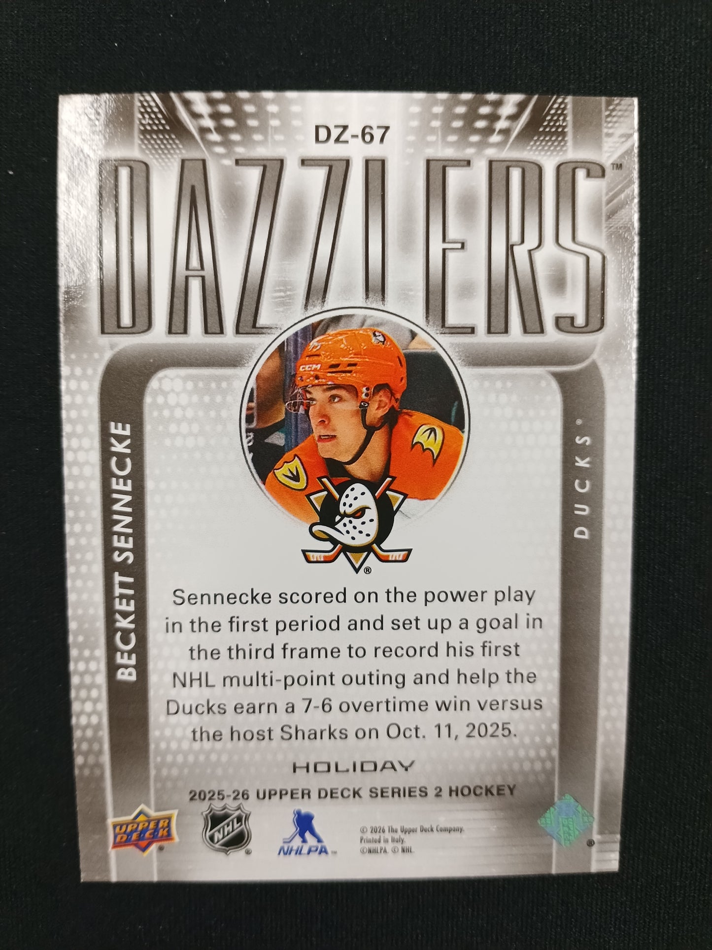 Beckett Sennecke Anaheim Ducks 2025-26 UD Series 2 Purple Dazzlers
