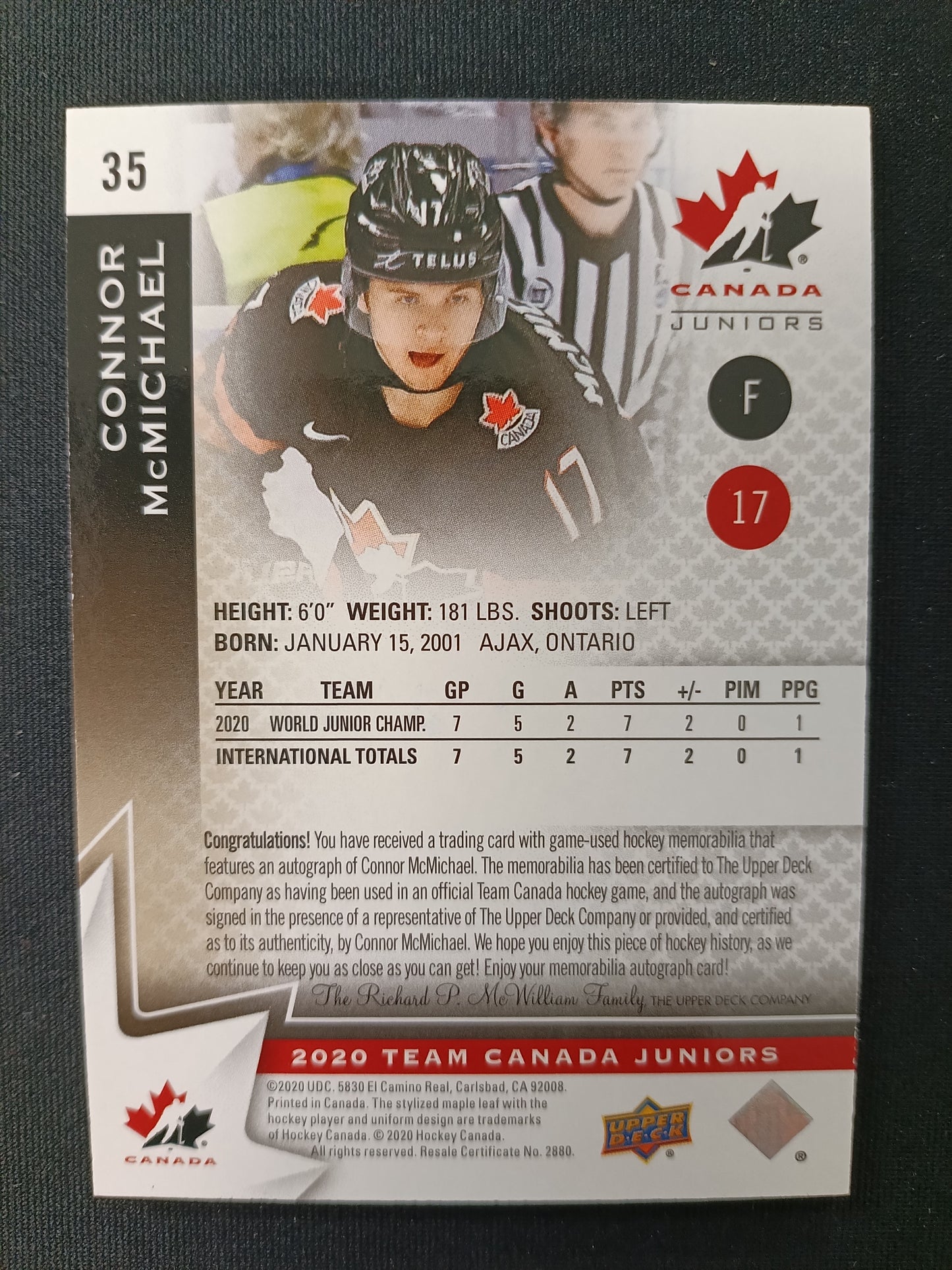 Connor McMichael 2020 Team Canada Juniors Premium Auto 89/125