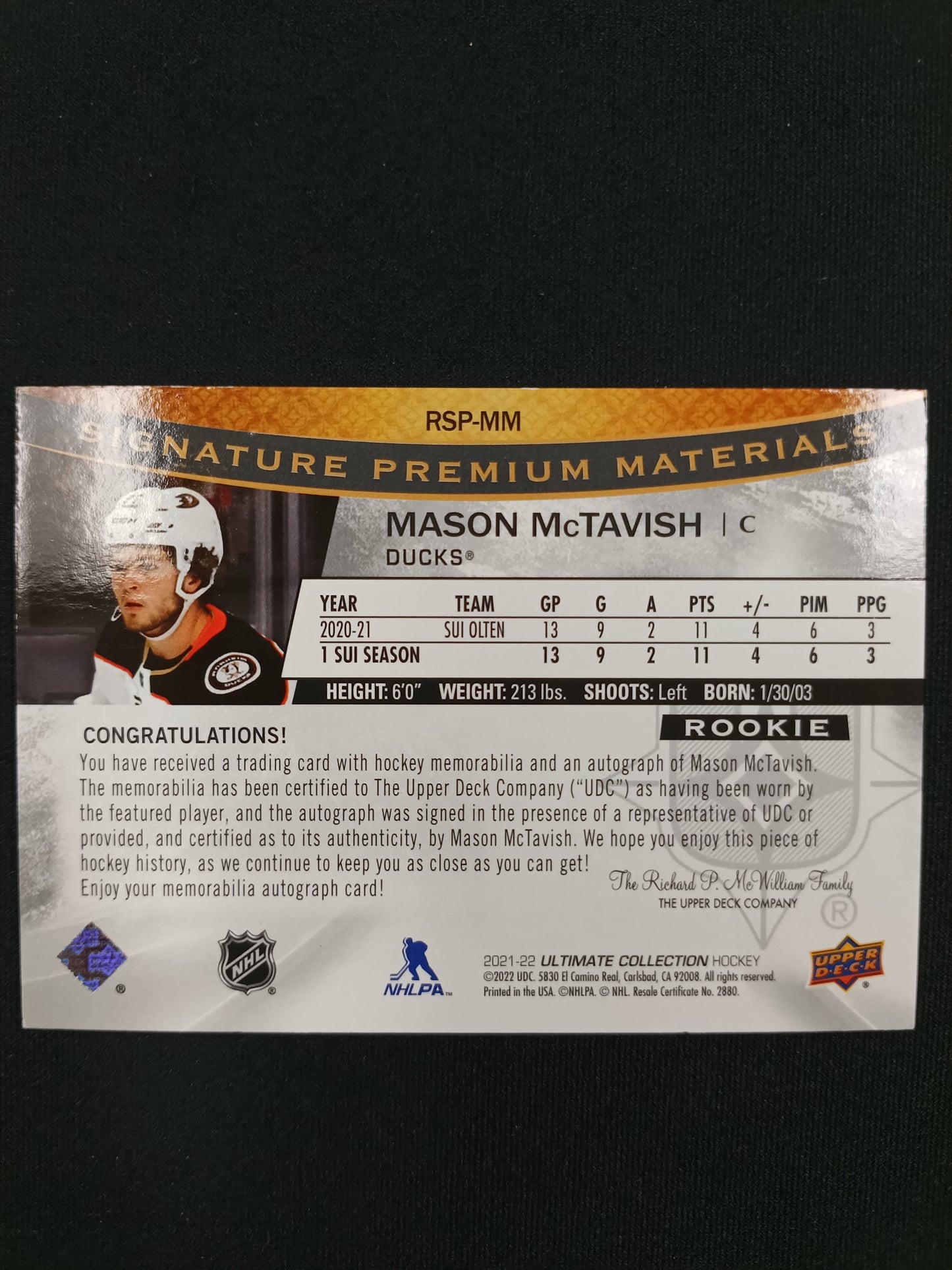Mason McTavish 21-22 Ultimate Signature Premium Material 29/65