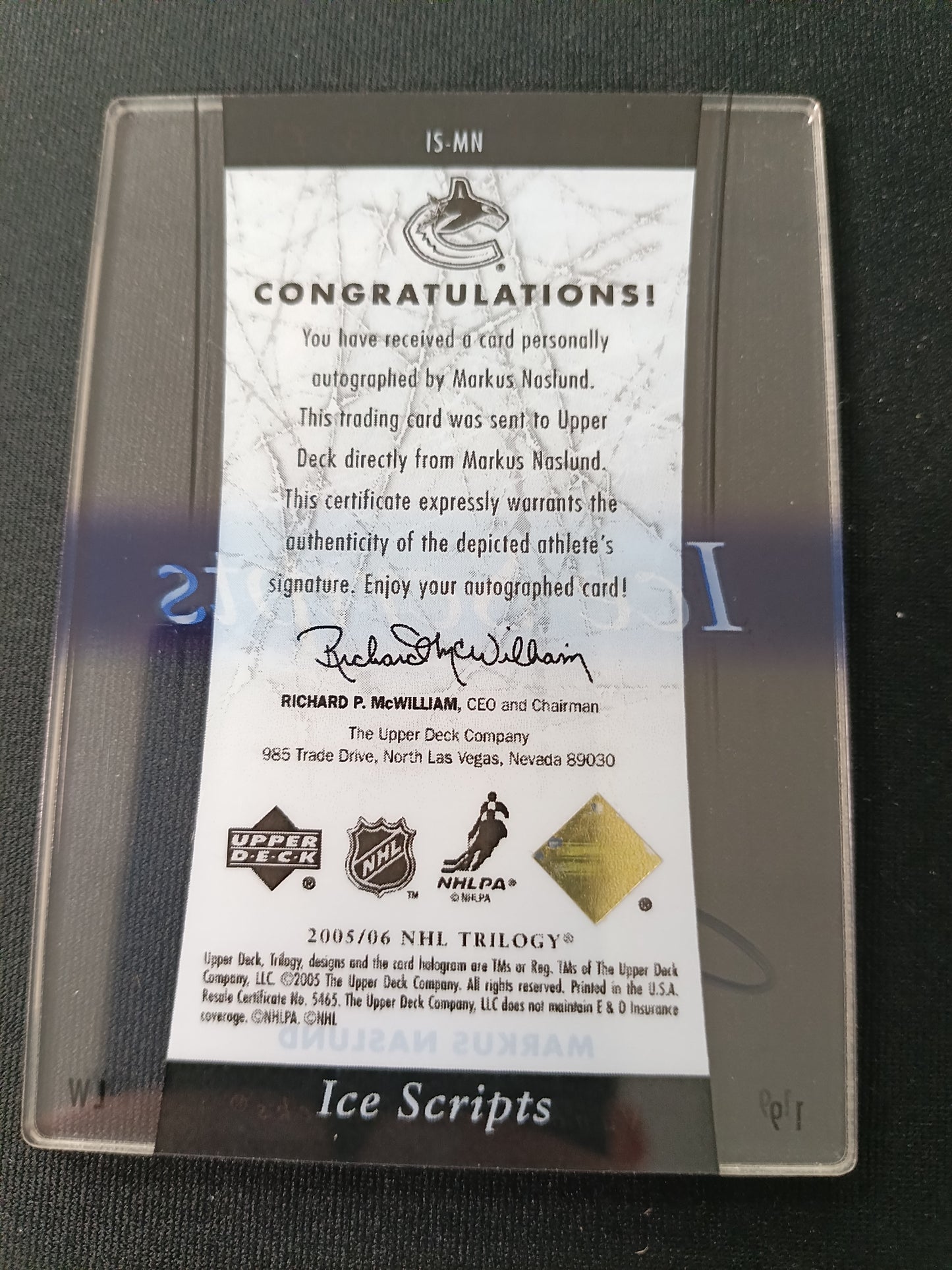 Markus Naslund 05-06 NHL Trilogy Ice Scripts