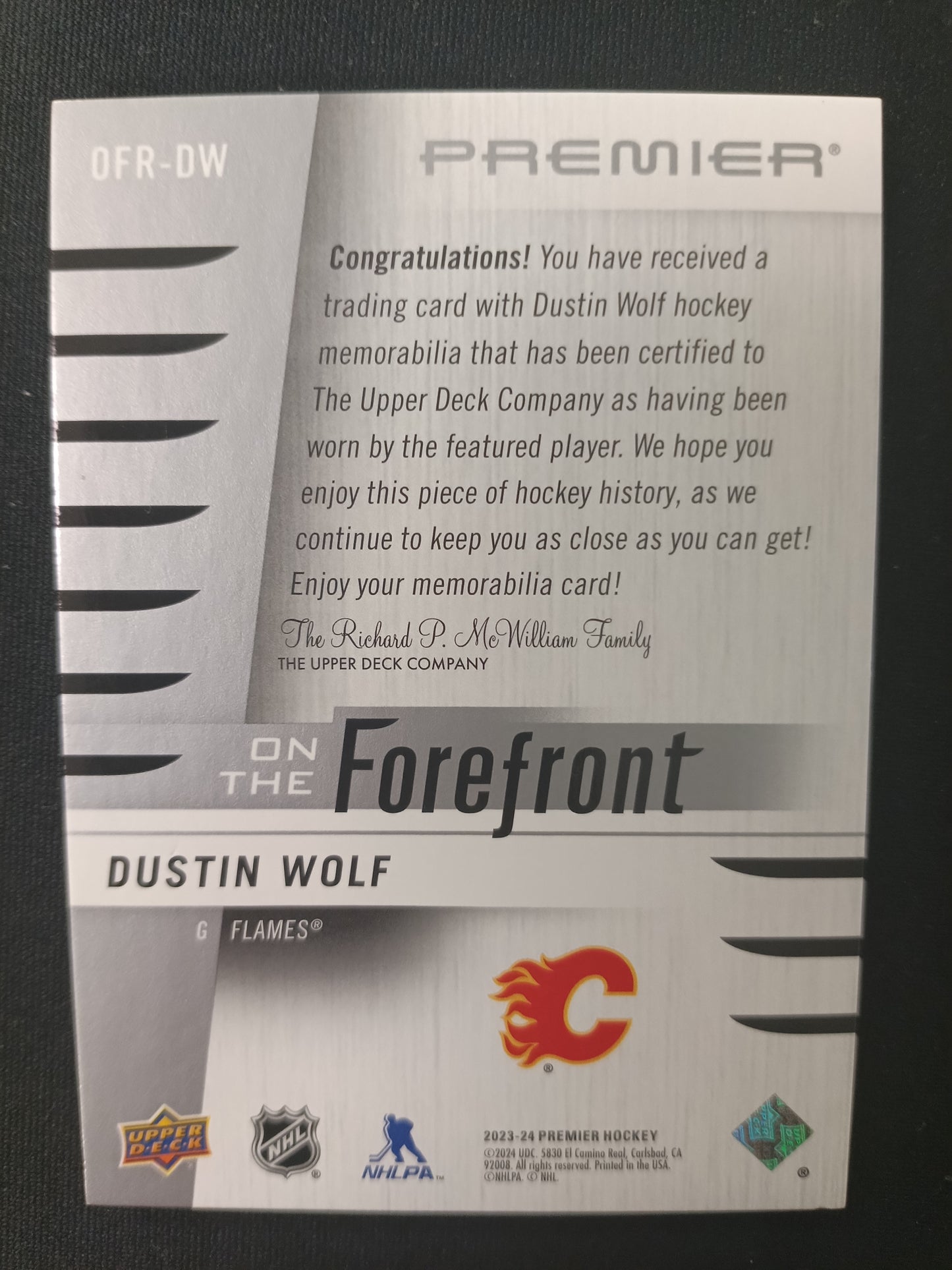 07/75 | Dustin Wolf #OFR-DW On the Forefront Patch