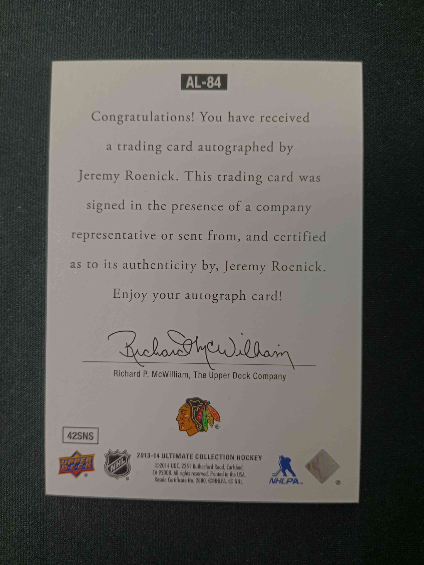 Jeremy Roenick #AL-84 Ultimate Collection Auto