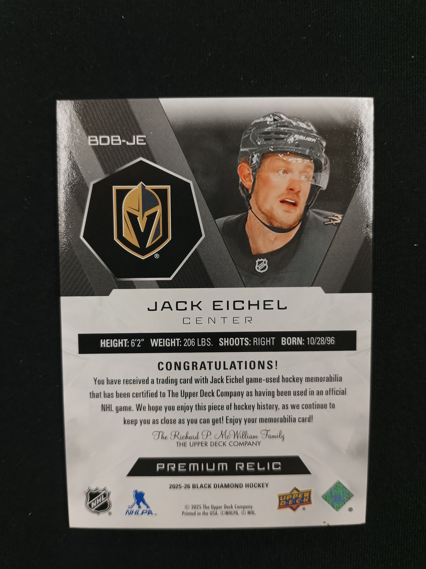 10/25 | Jack Eichel #BDB-JE Black Diamond Premium Relic