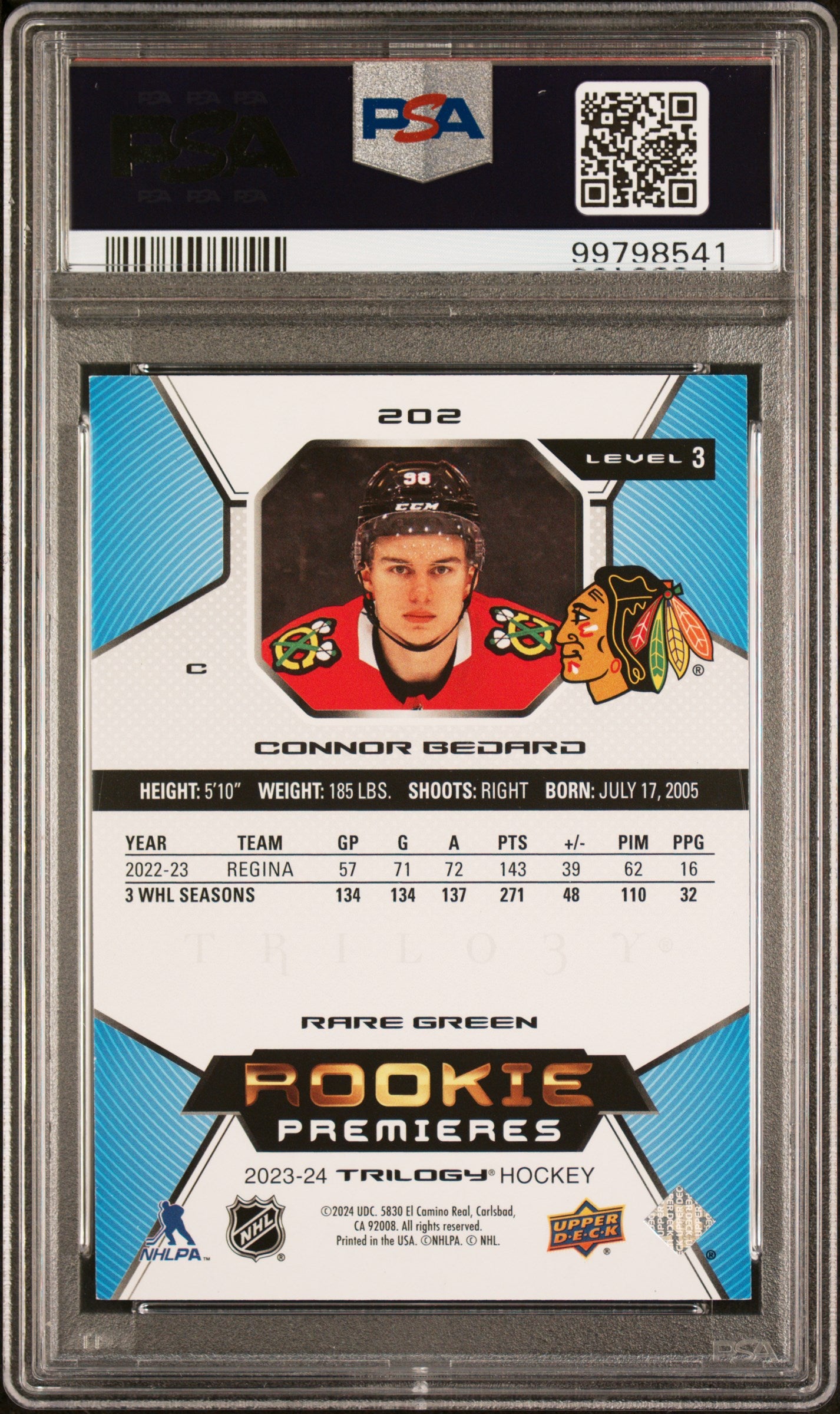 [PSA 8] 17/25 | Connor Bedard #202 Rookie Premieres - Triolgy Level 3 Green