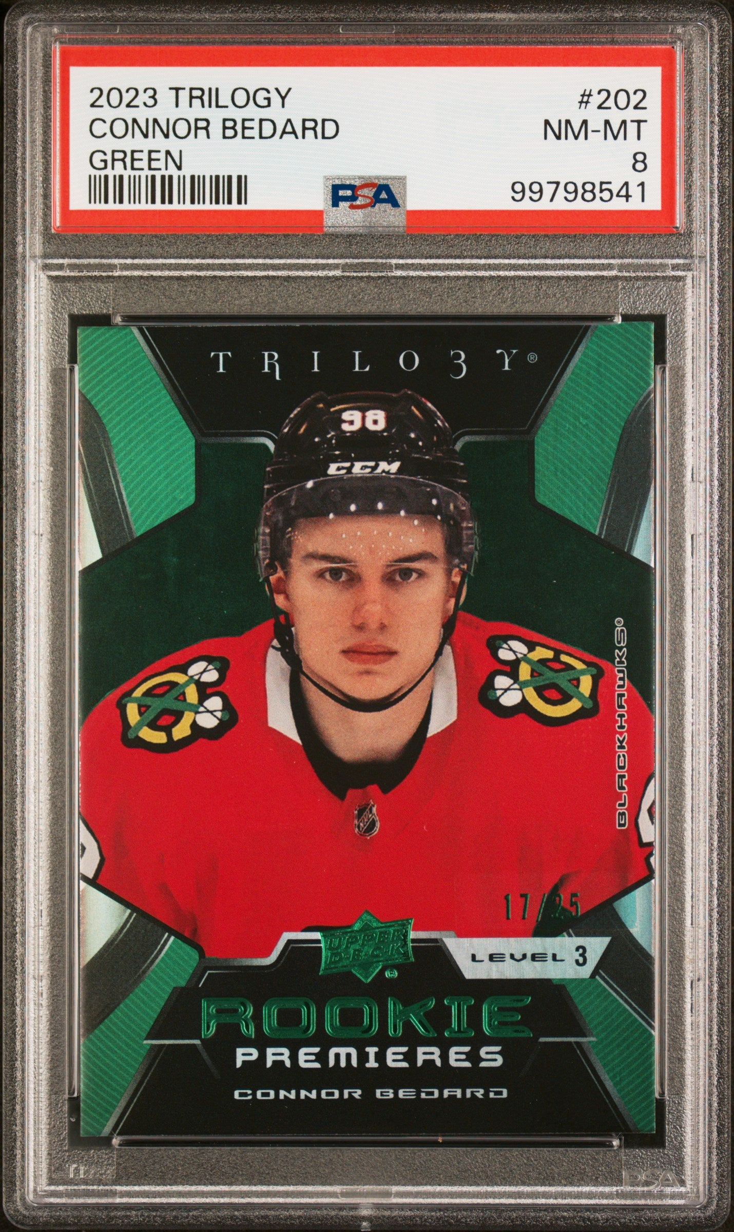 [PSA 8] 17/25 | Connor Bedard #202 Rookie Premieres - Triolgy Level 3 Green