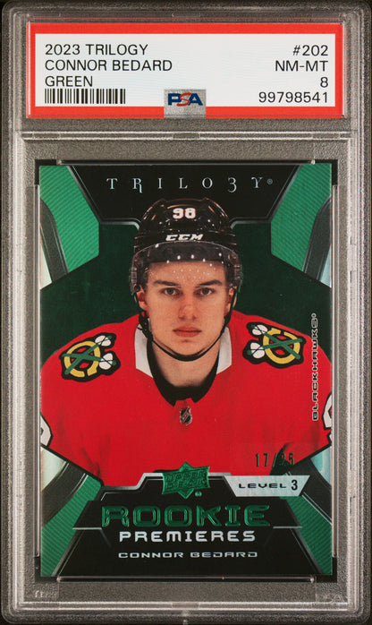 [PSA 8] 17/25 | Connor Bedard #202 Rookie Premieres - Triolgy Level 3 Green