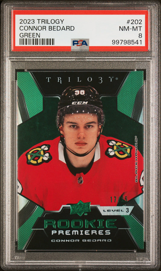 [PSA 8] 17/25 | Connor Bedard #202 Rookie Premieres - Triolgy Level 3 Green