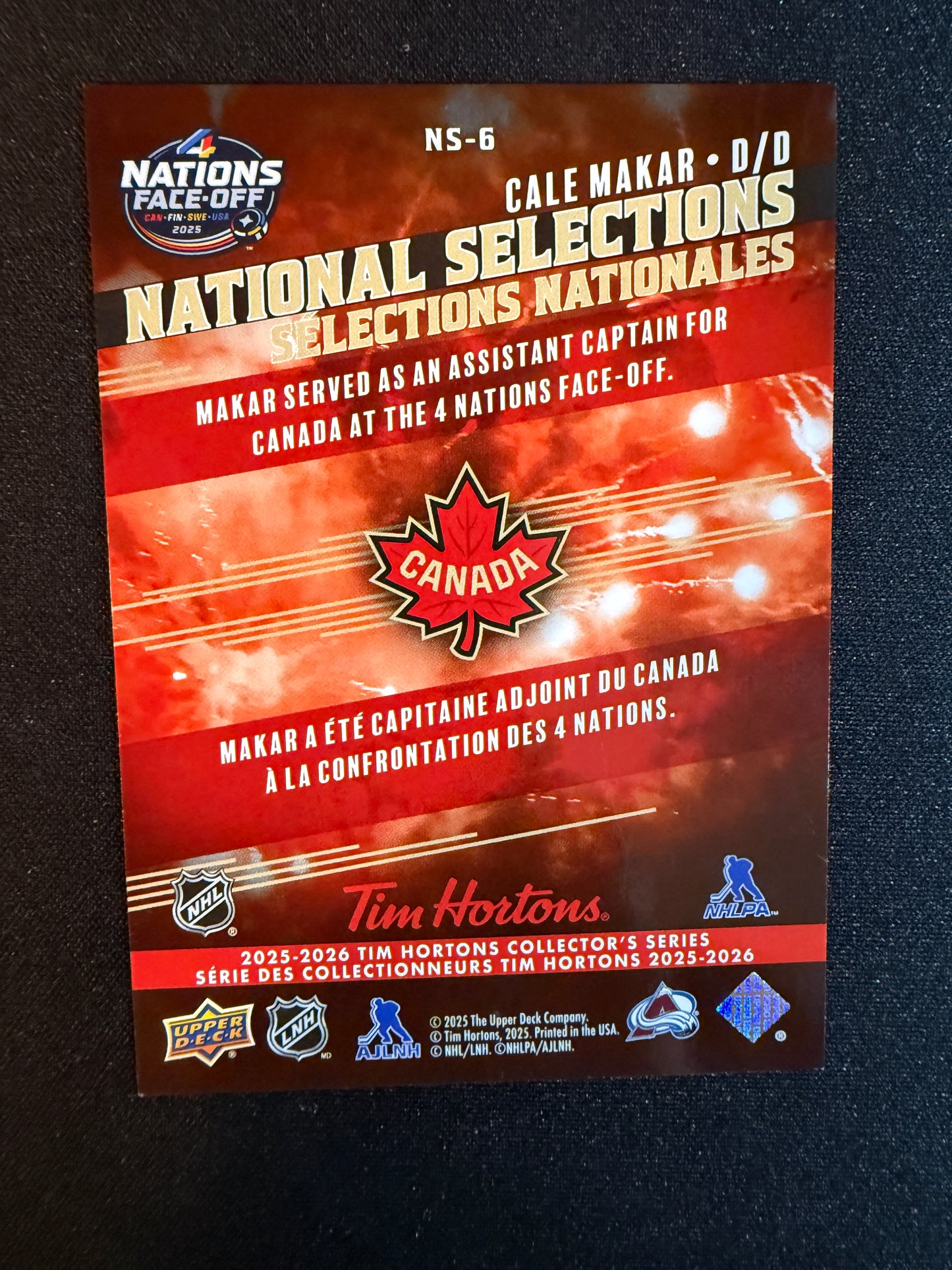 Cale Makar 25-26 Tim Horton's Collector's Series National Selections