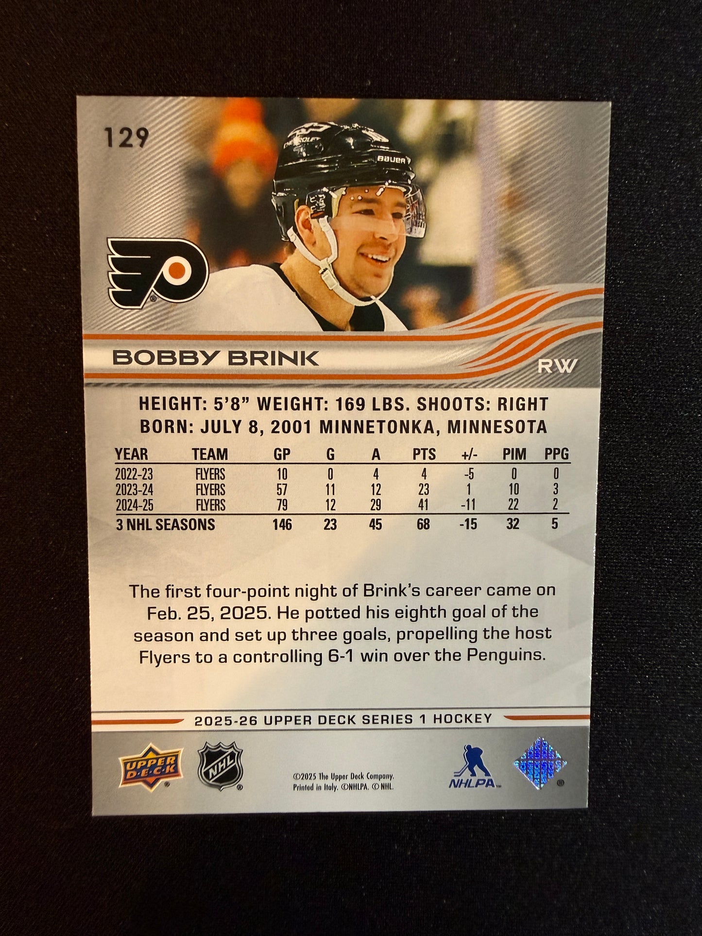 06/10 | Bobby Brink #129 UD Series 1 Hockey 2025-26 [High Gloss]