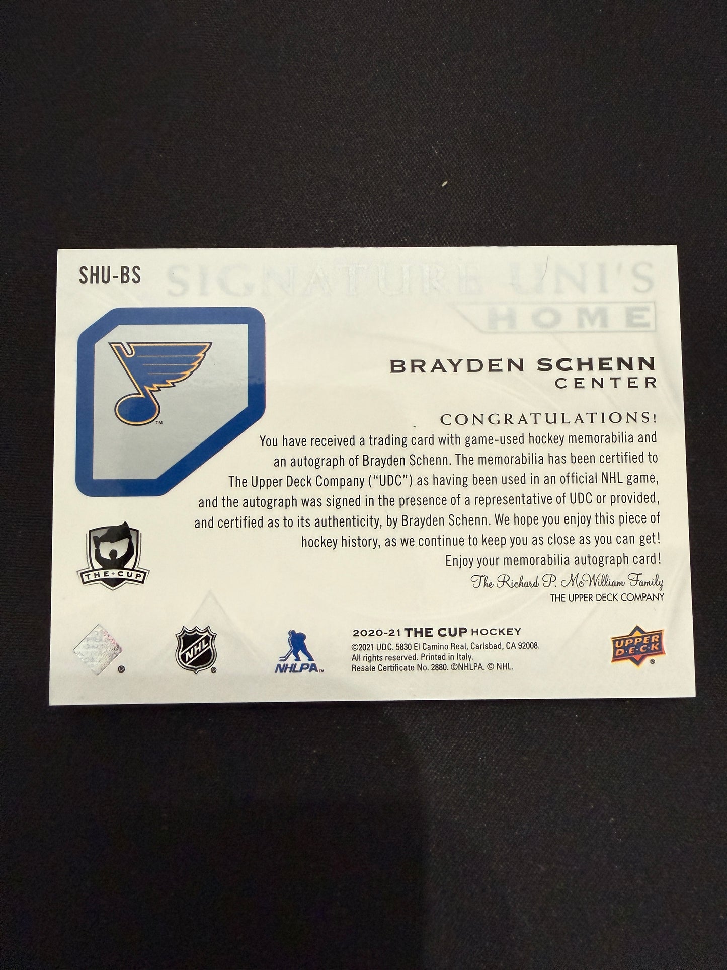 Brayden Schenn 20-21 The Cup Hockey Signature Uni's Home