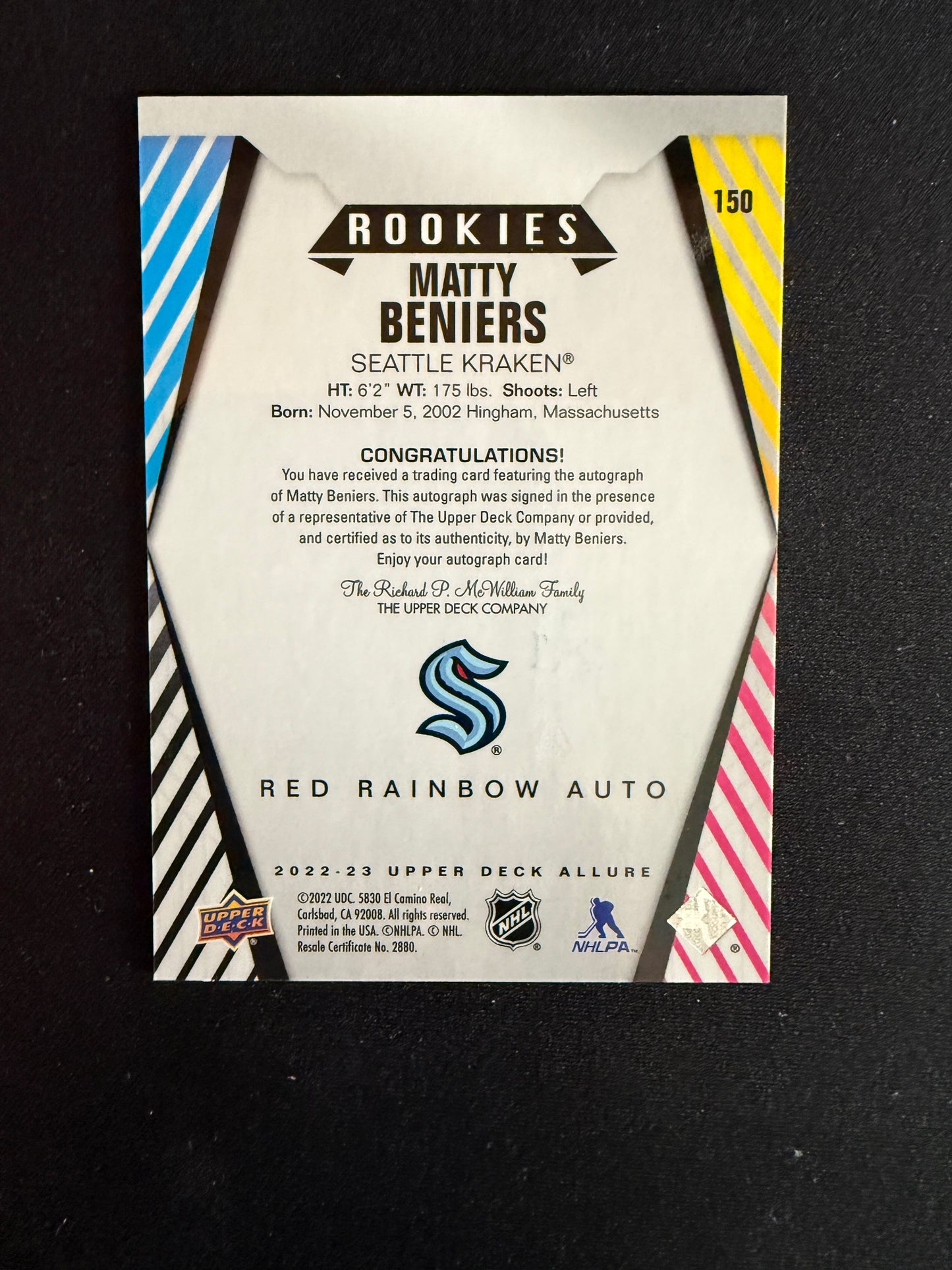 Matty Beniers #150 Allure Rookies [Red Rainbow Auto]