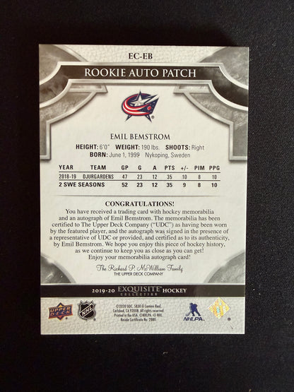 Emil Bemstrom 19-20 Exquisite Collections Hockey Rookie Auto Patch 49/52