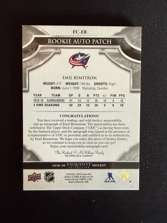 Emil Bemstrom 19-20 Exquisite Collections Hockey Rookie Auto Patch 49/52