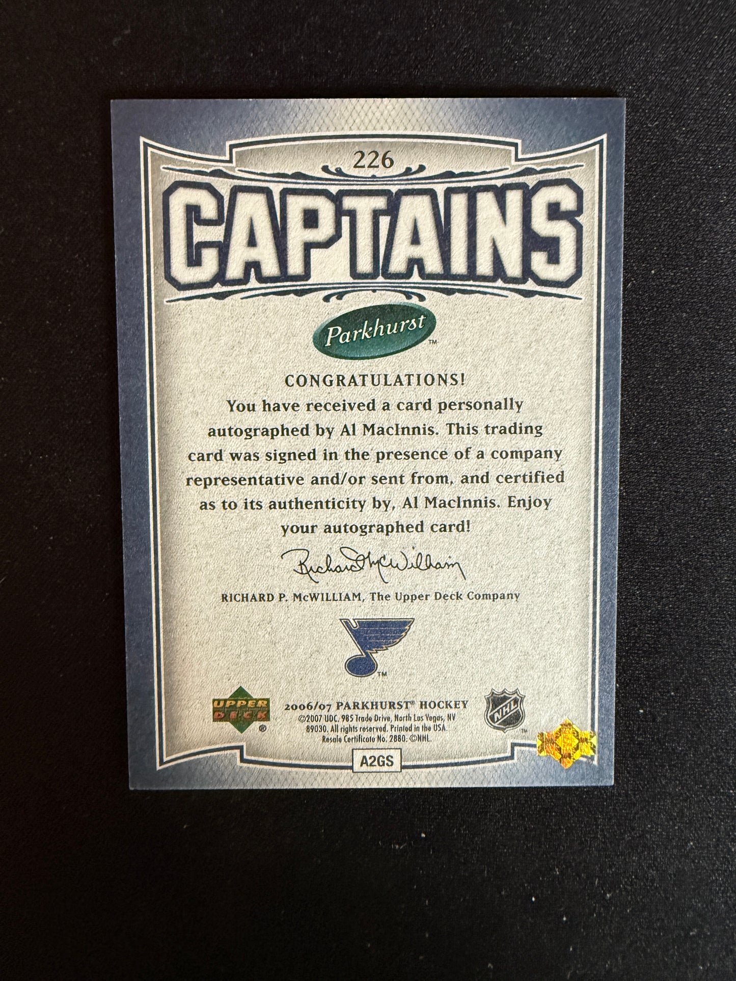 Al MacInnis #226 Parkhurst Captains Auto #226
