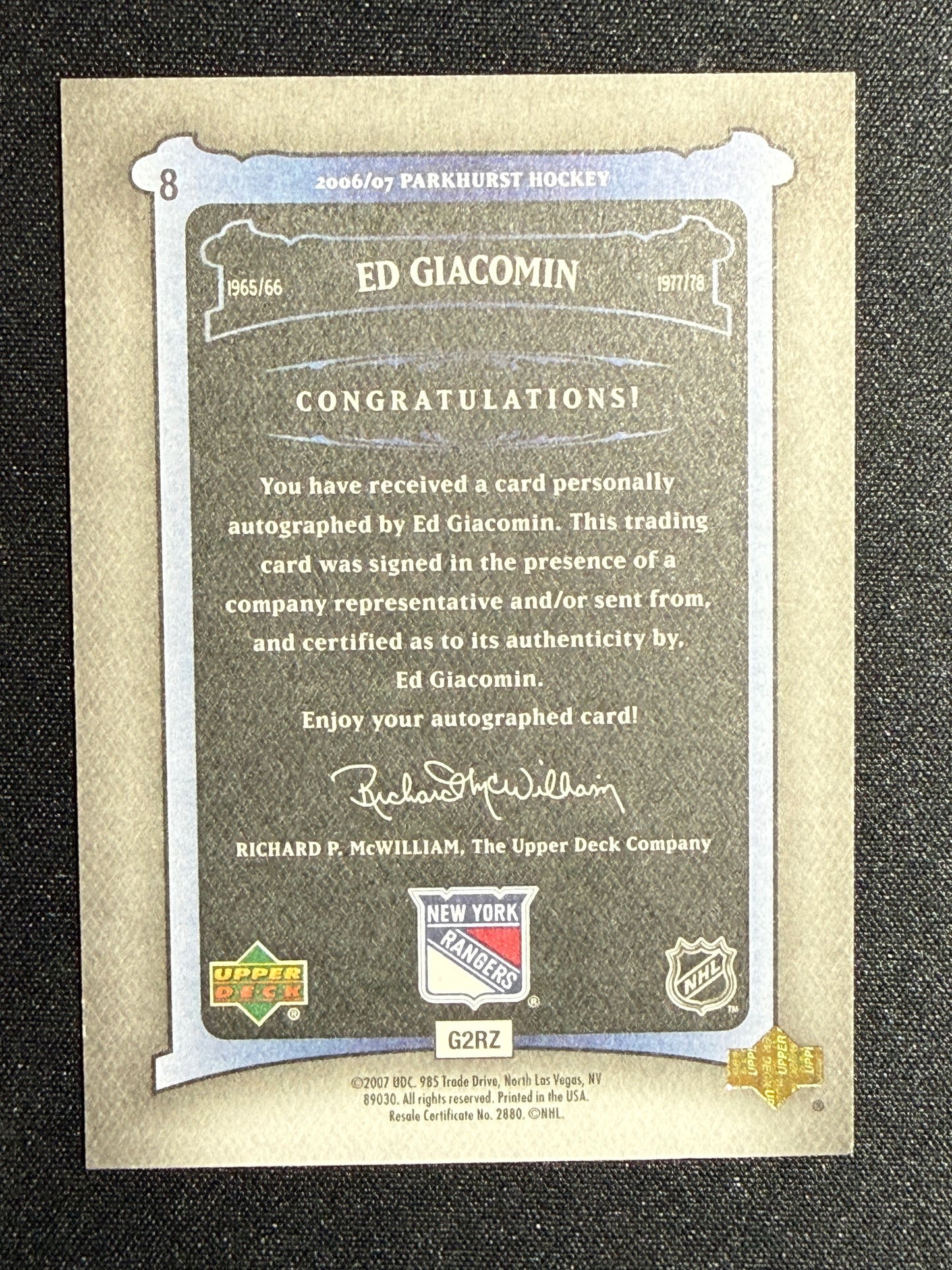 Ed Giacomin #8 Parkhurst Auto