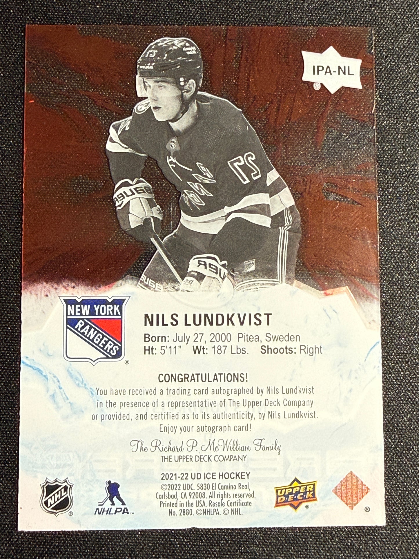 Nils Lundkvist Ice Premieres Autographs #IPA-NL