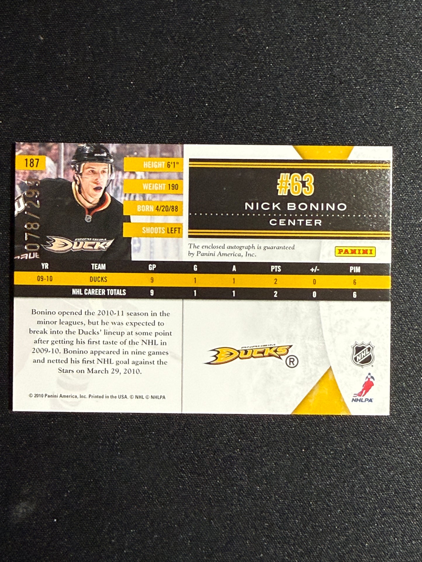 78/299 | Nick Bonino 2010 Panini Phenoms