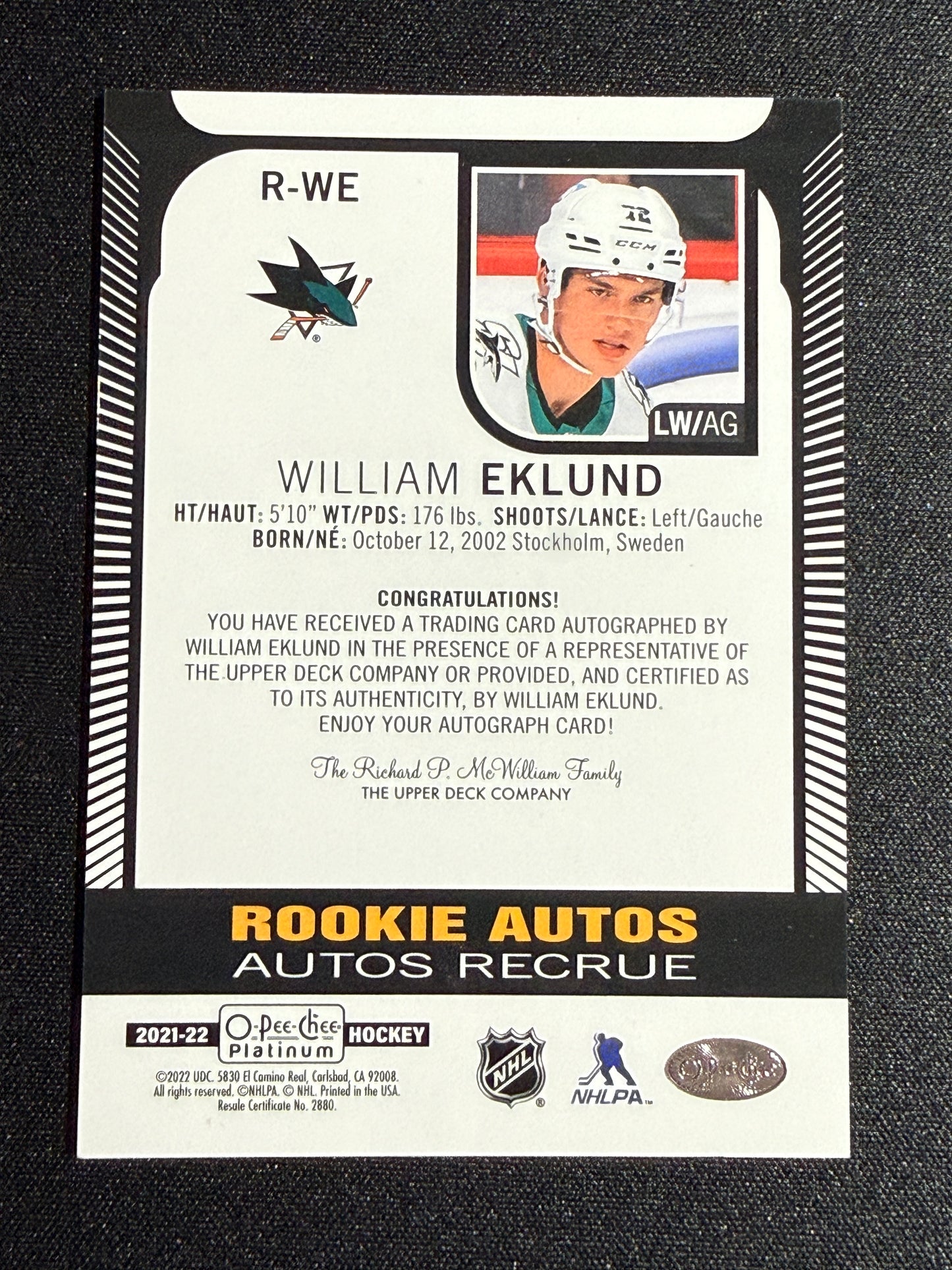 William Eklund #R-WE Rookie Autos