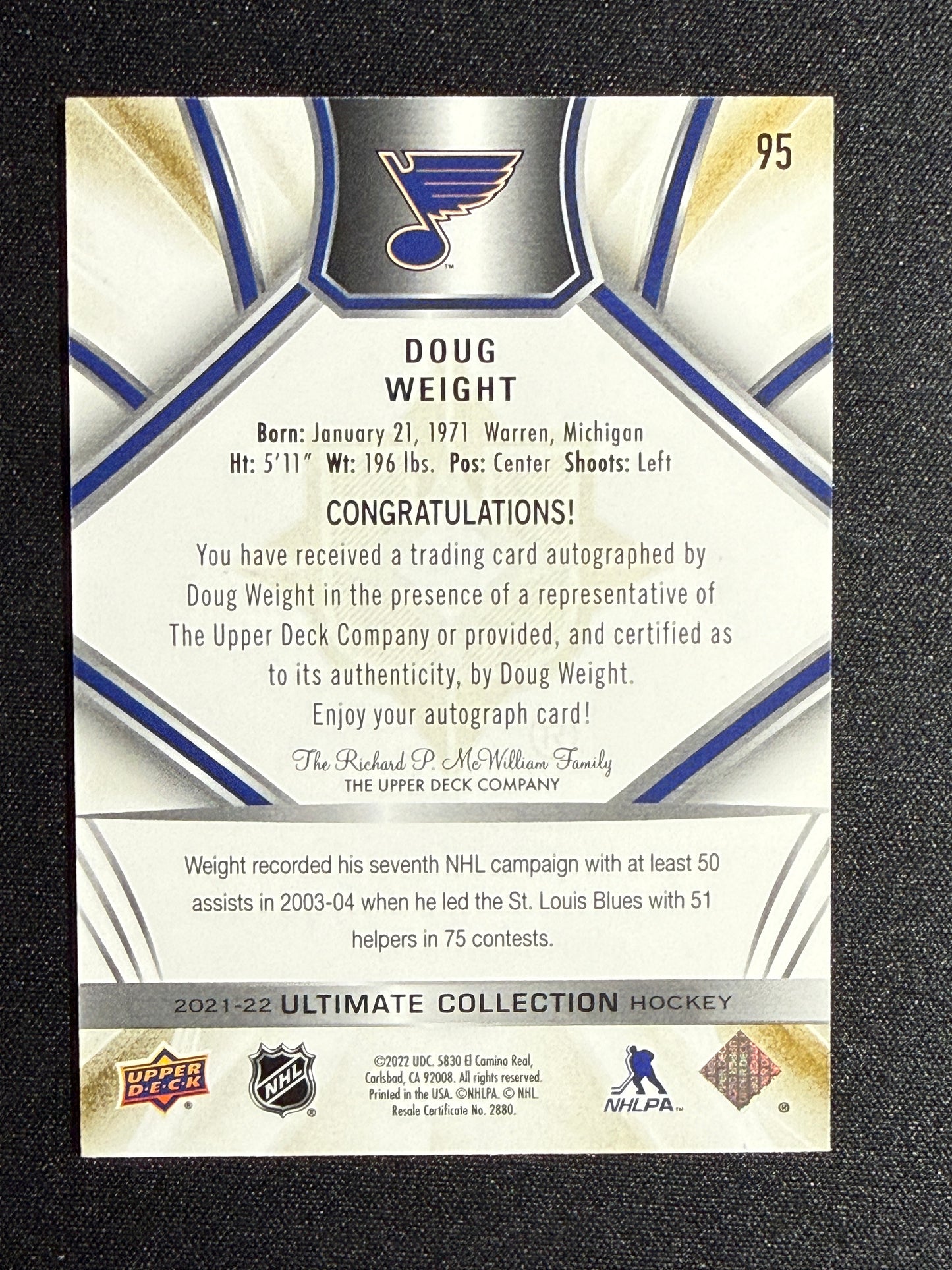 31/35 Doug Weight #95 2021-22 Auto Ultimate Collection